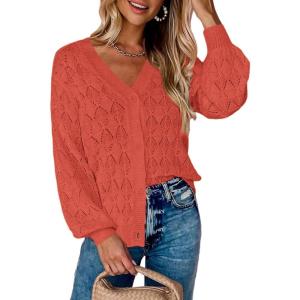 Zeagoo Women’s Lightweight Crochet Cropped Cardigan 2026 V Neck Long Sleeve Button up Bolero Shrug Sweater(Red)