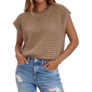 Zeagoo Womens Spring Summer Crochet Tops Cap Sleeve Sweater Vest Hollow Out Pullover Shirts Beach Vacation Clothes(A-khaki)