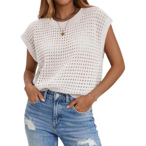 Zeagoo Womens Spring Summer Crochet Tops Cap Sleeve Sweater Vest Hollow Out Pullover Shirts Beach Vacation Clothes(A-white)