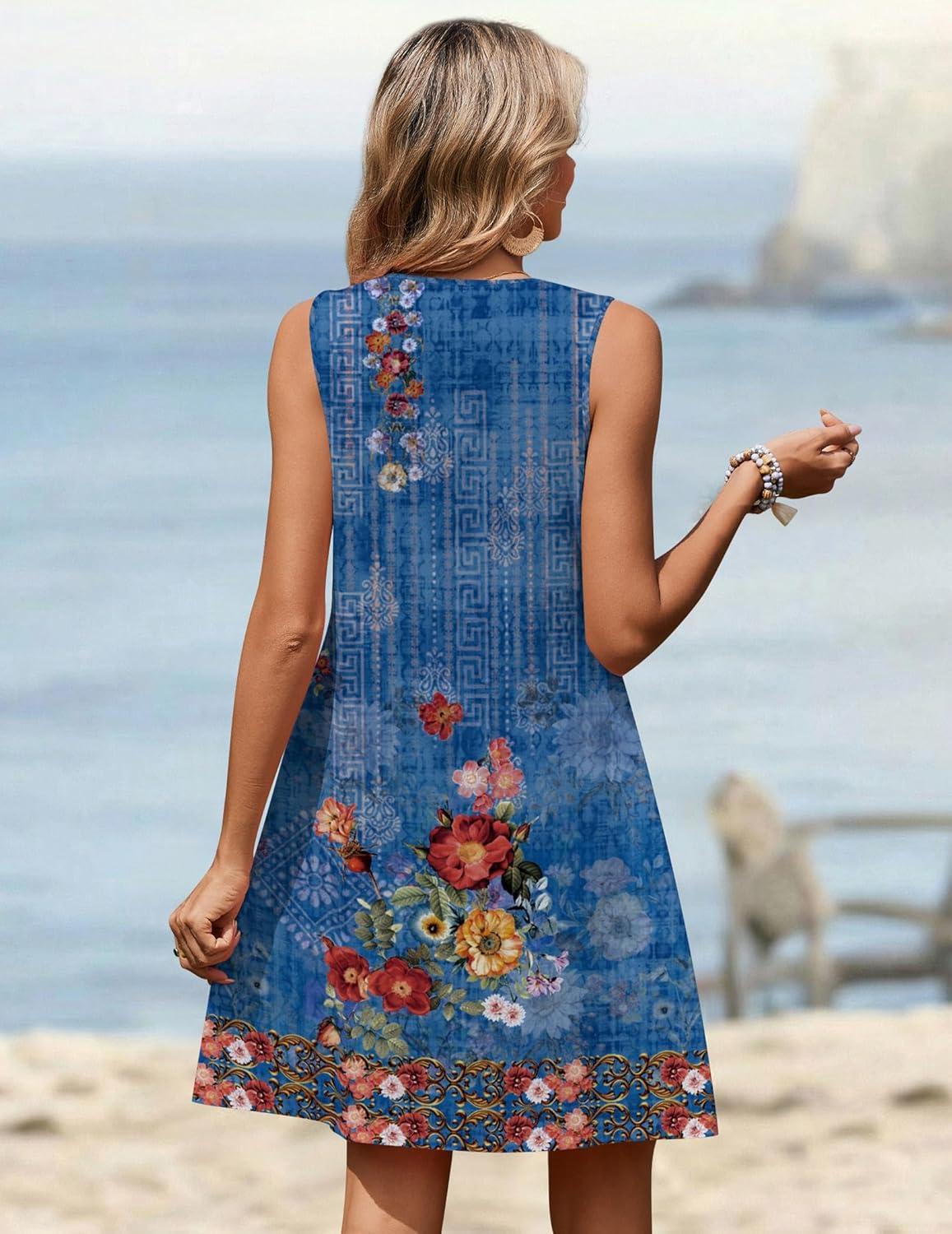 imageZeagoo Summer Dresses for Women 2026 Sleeveless Dress V Neck Tank Dress Pleated Floral Tshirt Sundresses with PocketsAblue Floral Print
