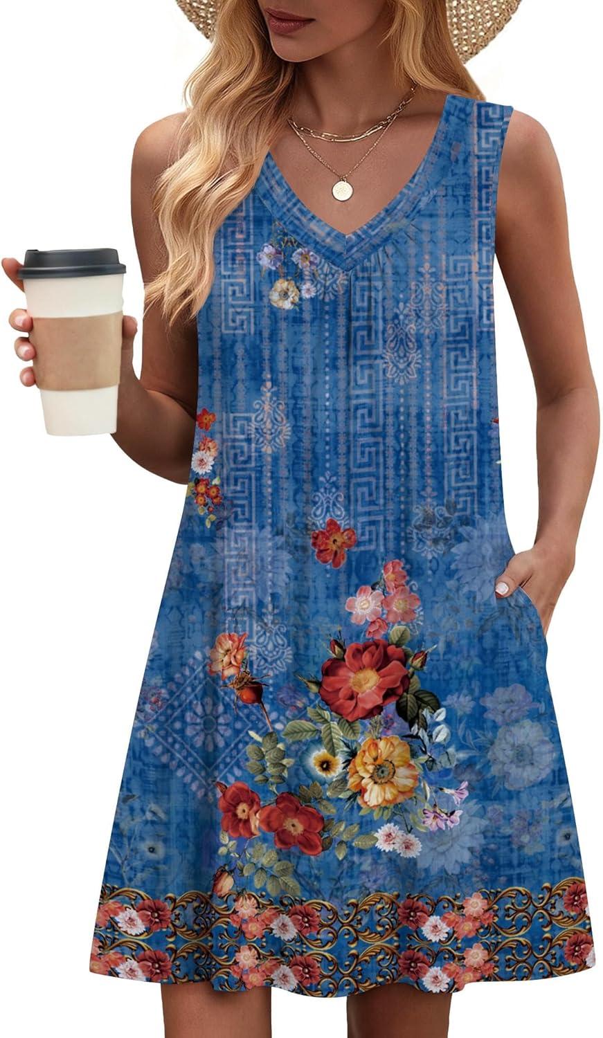 imageZeagoo Summer Dresses for Women 2026 Sleeveless Dress V Neck Tank Dress Pleated Floral Tshirt Sundresses with PocketsAblue Floral Print