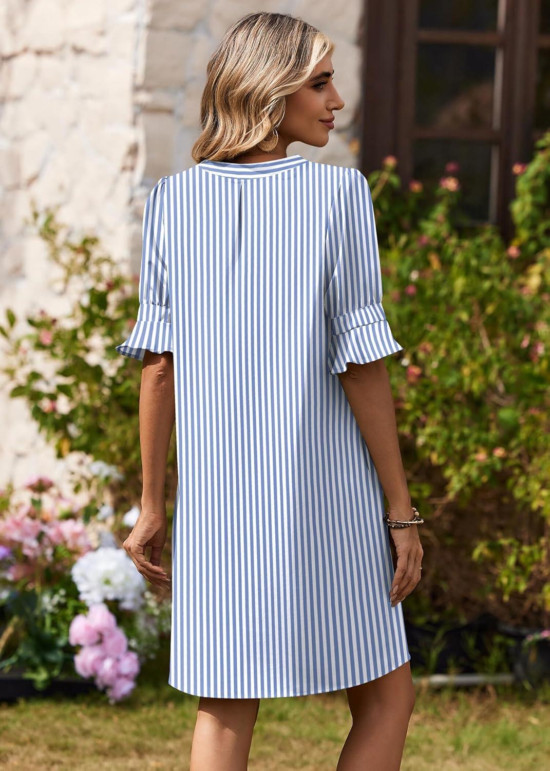 imageZeagoo Summer Dresses for Women 2026 V Neck Ruffle Sleeve Casual Shift Dress Hawaiian Sundress Beach Vacation ClothesA01blue and White Stripes