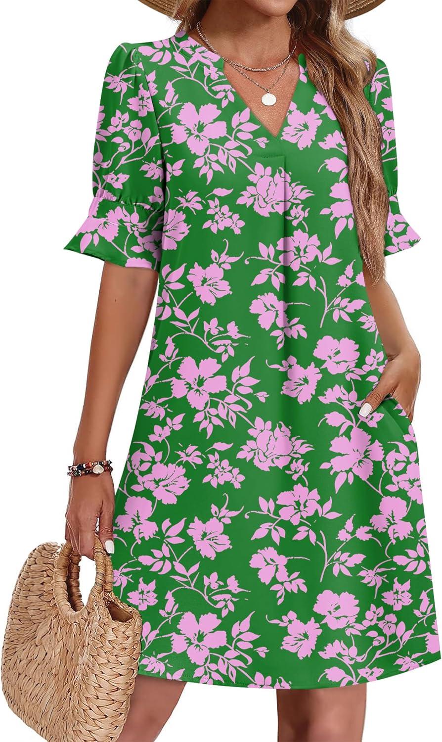 imageZeagoo Summer Dresses for Women 2026 V Neck Ruffle Sleeve Casual Shift Dress Hawaiian Sundress Beach Vacation ClothesA01green Floral