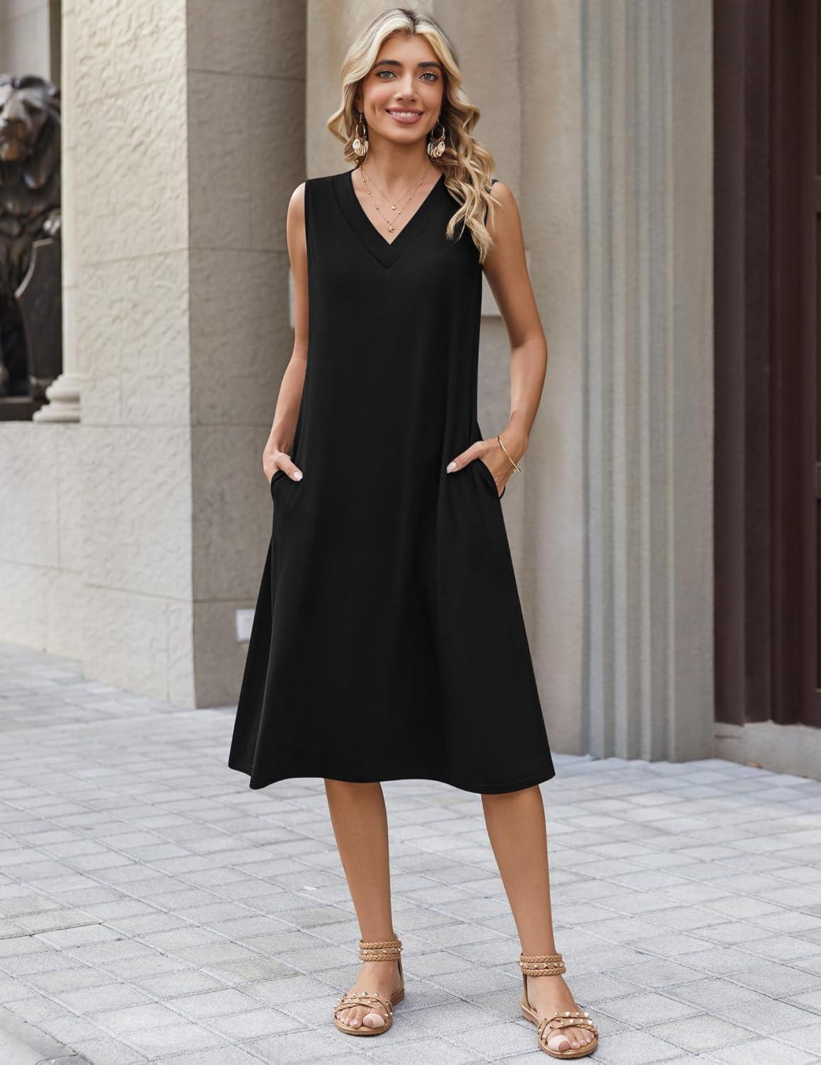 imageZeagoo Sundresses Dresses for Women 2026 Summer Sleeveless V Neck Casual Midi Tank Beach Vacation Dresses with PocketsBlack