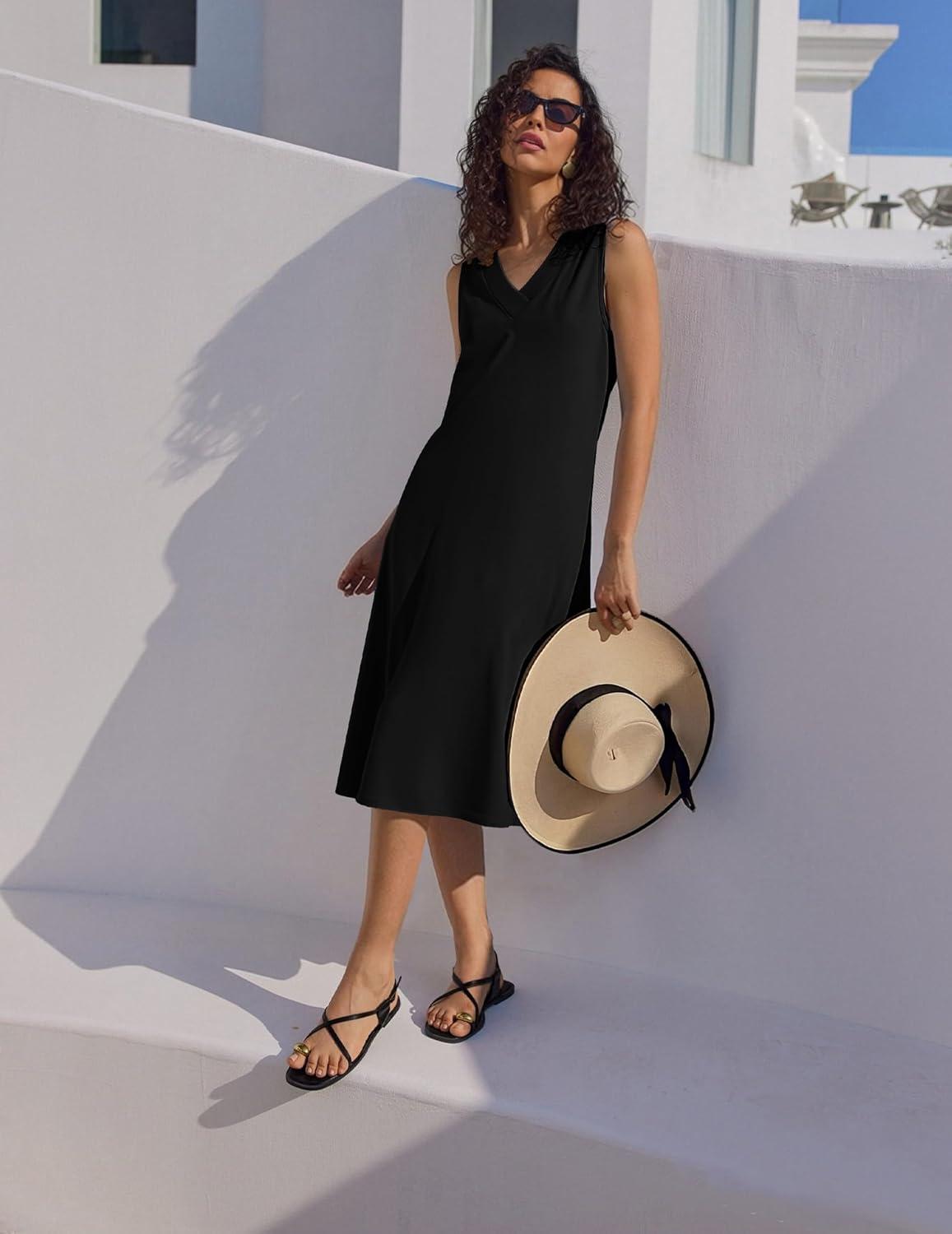 imageZeagoo Sundresses Dresses for Women 2026 Summer Sleeveless V Neck Casual Midi Tank Beach Vacation Dresses with PocketsBlack