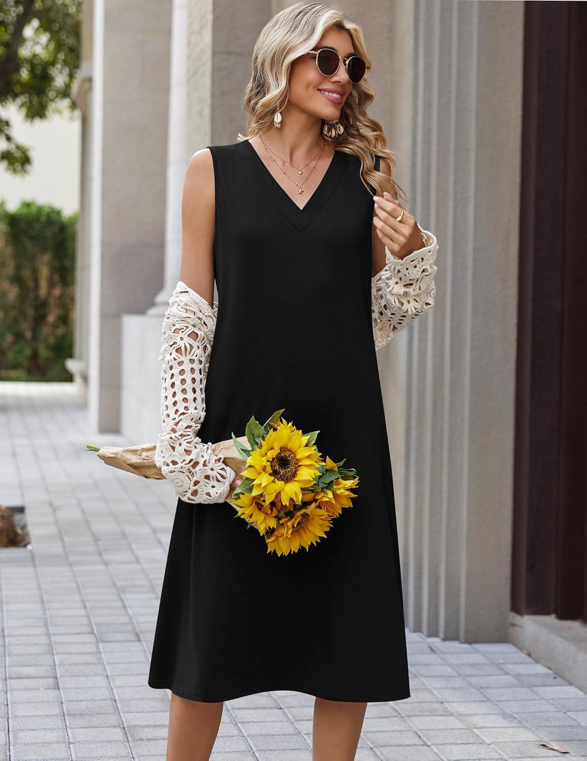 imageZeagoo Sundresses Dresses for Women 2026 Summer Sleeveless V Neck Casual Midi Tank Beach Vacation Dresses with PocketsBlack
