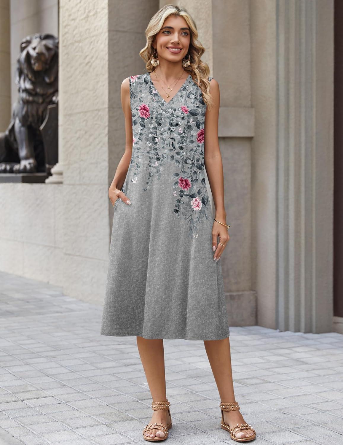 imageZeagoo Sundresses Dresses for Women 2026 Summer Sleeveless V Neck Casual Midi Tank Beach Vacation Dresses with PocketsHf42