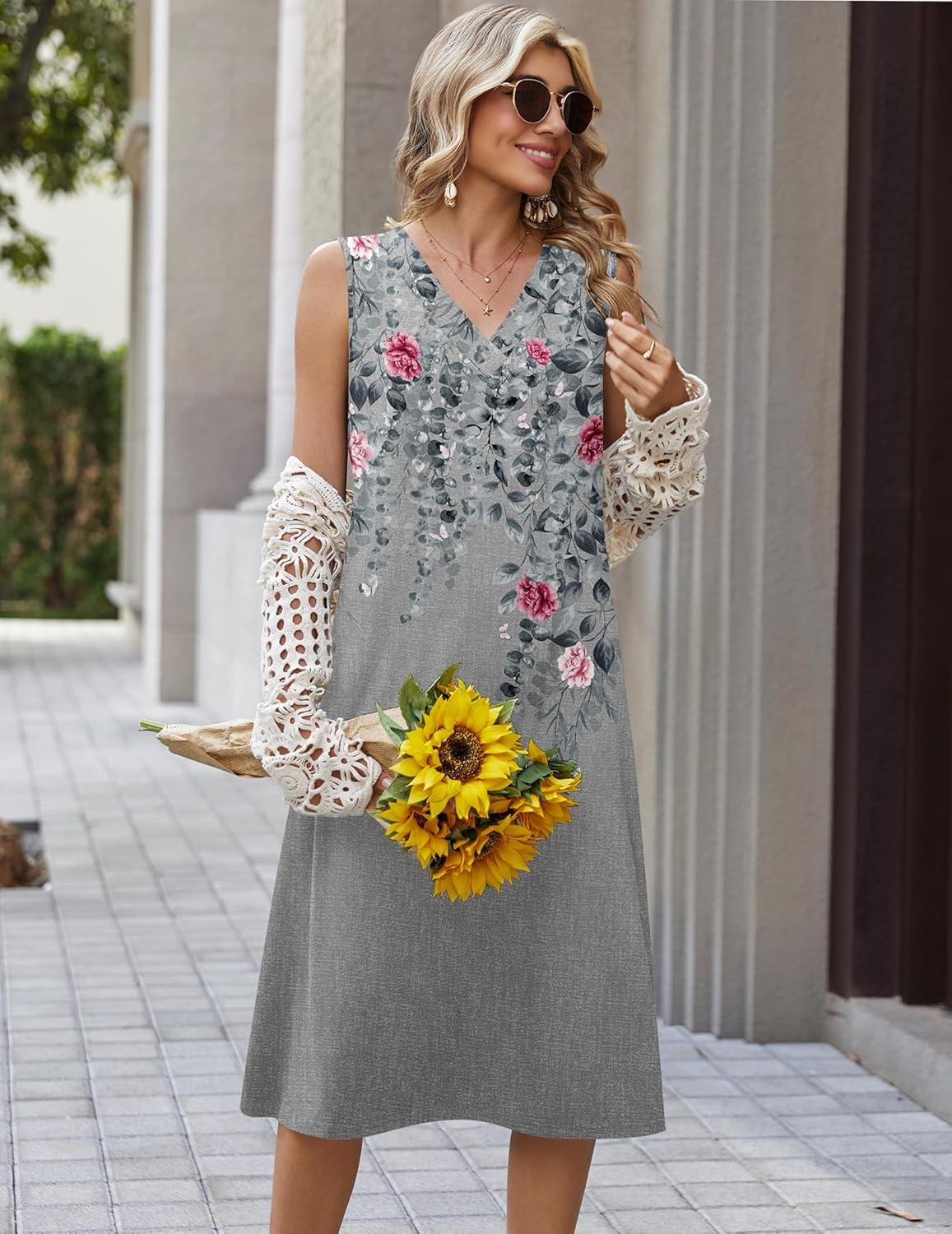 imageZeagoo Sundresses Dresses for Women 2026 Summer Sleeveless V Neck Casual Midi Tank Beach Vacation Dresses with PocketsHf42