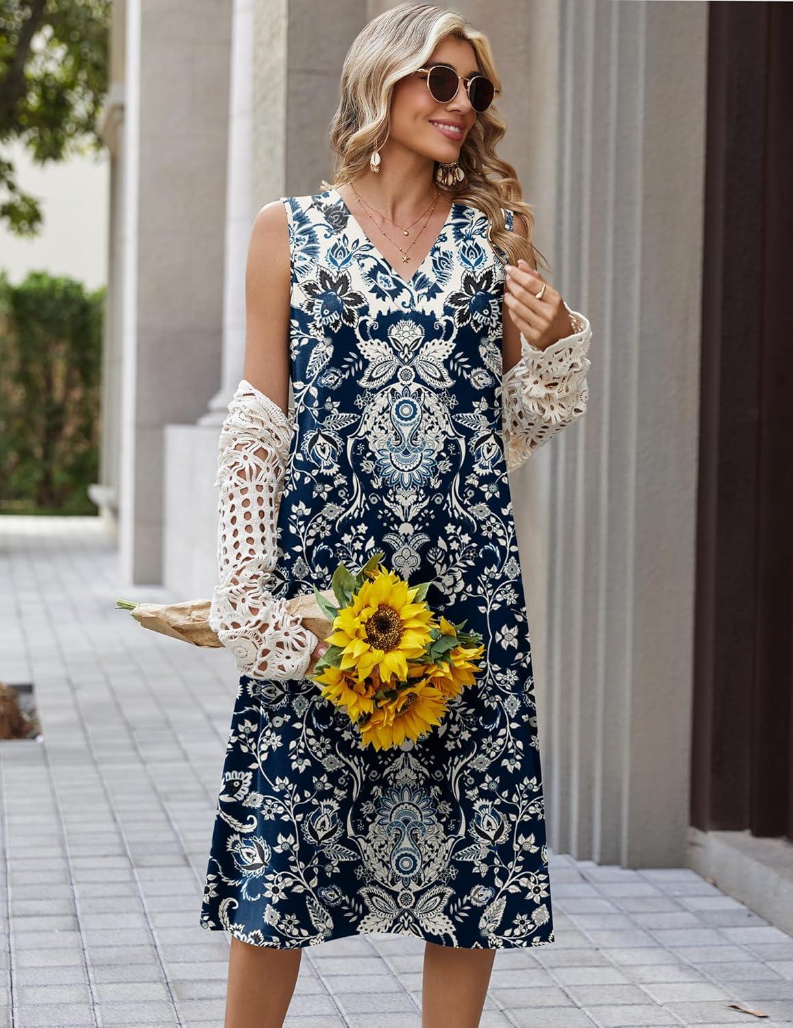 imageZeagoo Sundresses Dresses for Women 2026 Summer Sleeveless V Neck Casual Midi Tank Beach Vacation Dresses with PocketsMz924