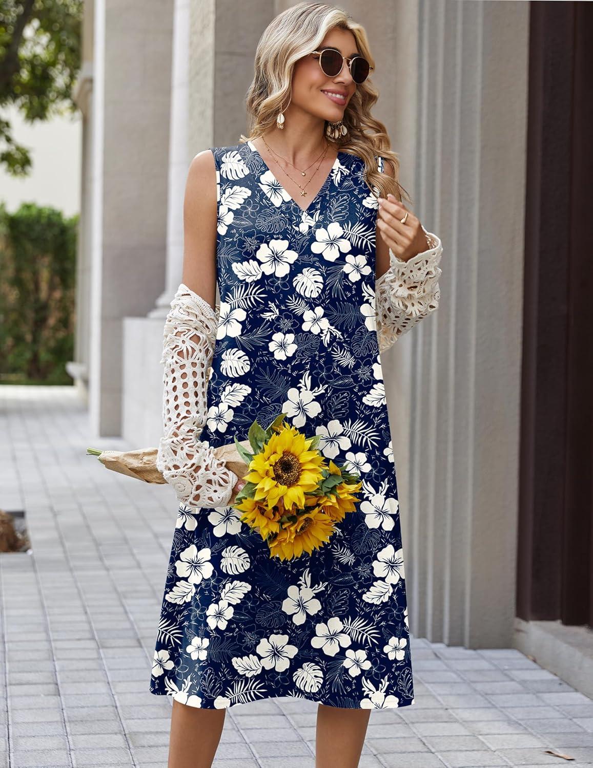 imageZeagoo Sundresses Dresses for Women 2026 Summer Sleeveless V Neck Casual Midi Tank Beach Vacation Dresses with PocketsSf157