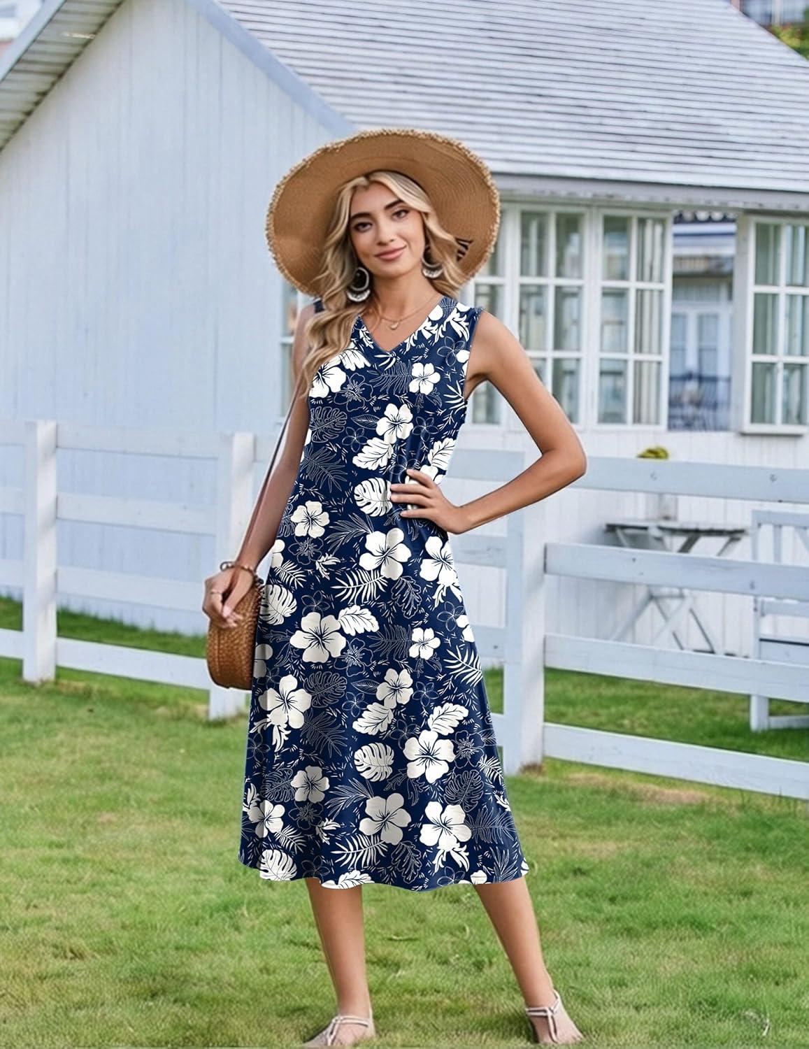 imageZeagoo Sundresses Dresses for Women 2026 Summer Sleeveless V Neck Casual Midi Tank Beach Vacation Dresses with PocketsSf157