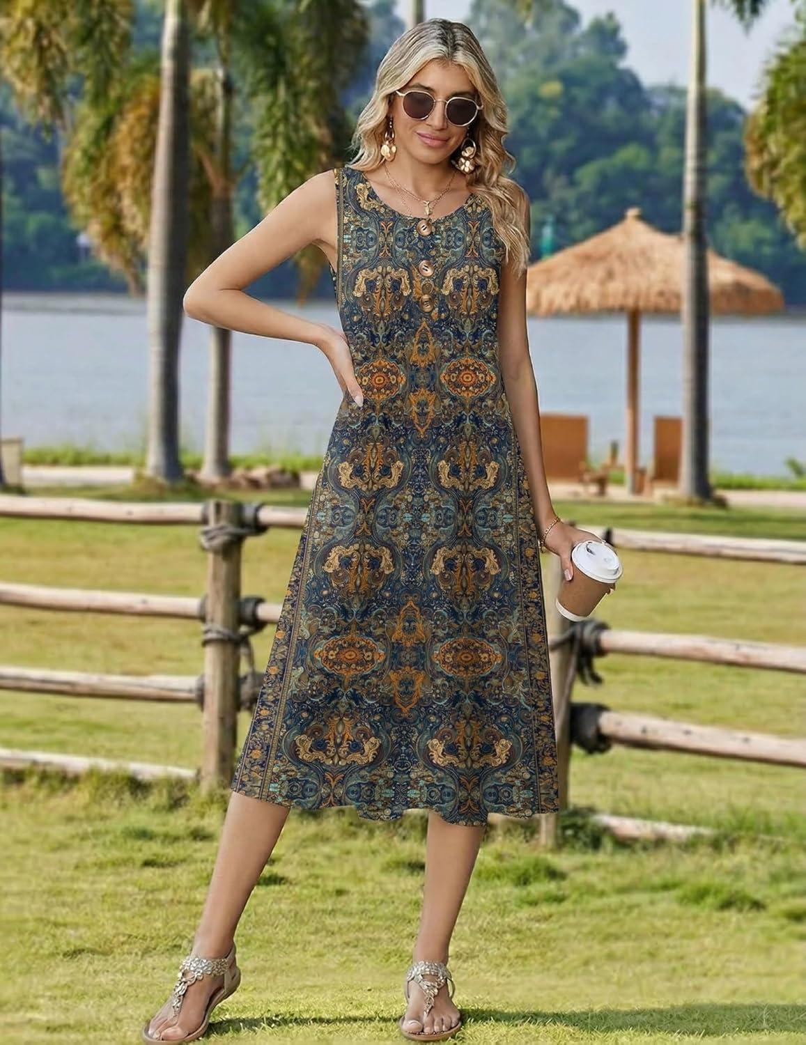 imageZeagoo Women Beach Summer Midi Dress 2026 Sleeveless Casual Beachy Sundress Button Down Loose Tank Dresses with PocketsEthnic Blue