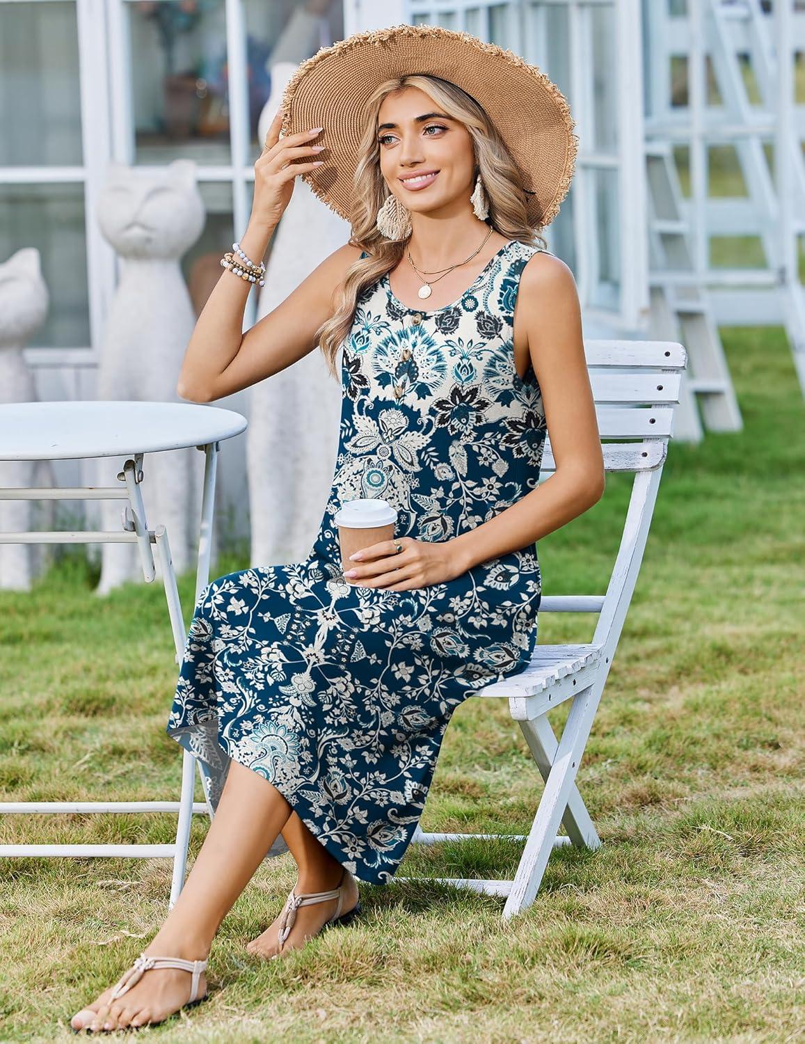 imageZeagoo Women Beach Summer Midi Dress 2026 Sleeveless Casual Beachy Sundress Button Down Loose Tank Dresses with PocketsEthnic Navy Blue