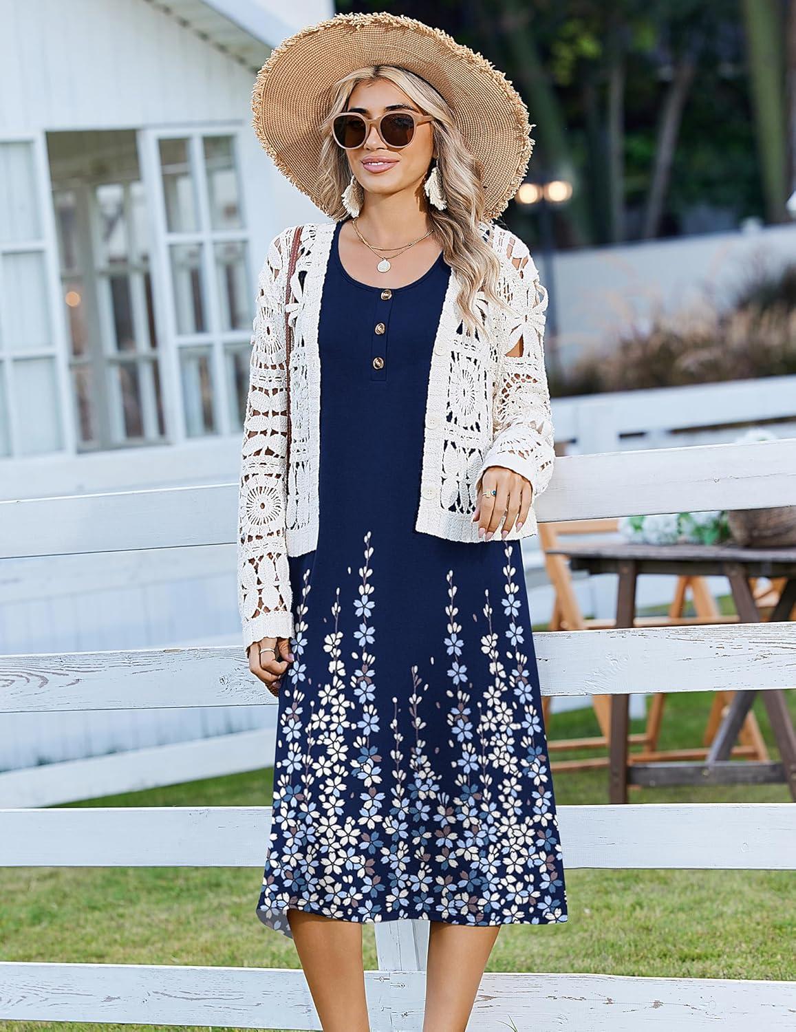 imageZeagoo Women Beach Summer Midi Dress 2026 Sleeveless Casual Beachy Sundress Button Down Loose Tank Dresses with PocketsFloral Blue