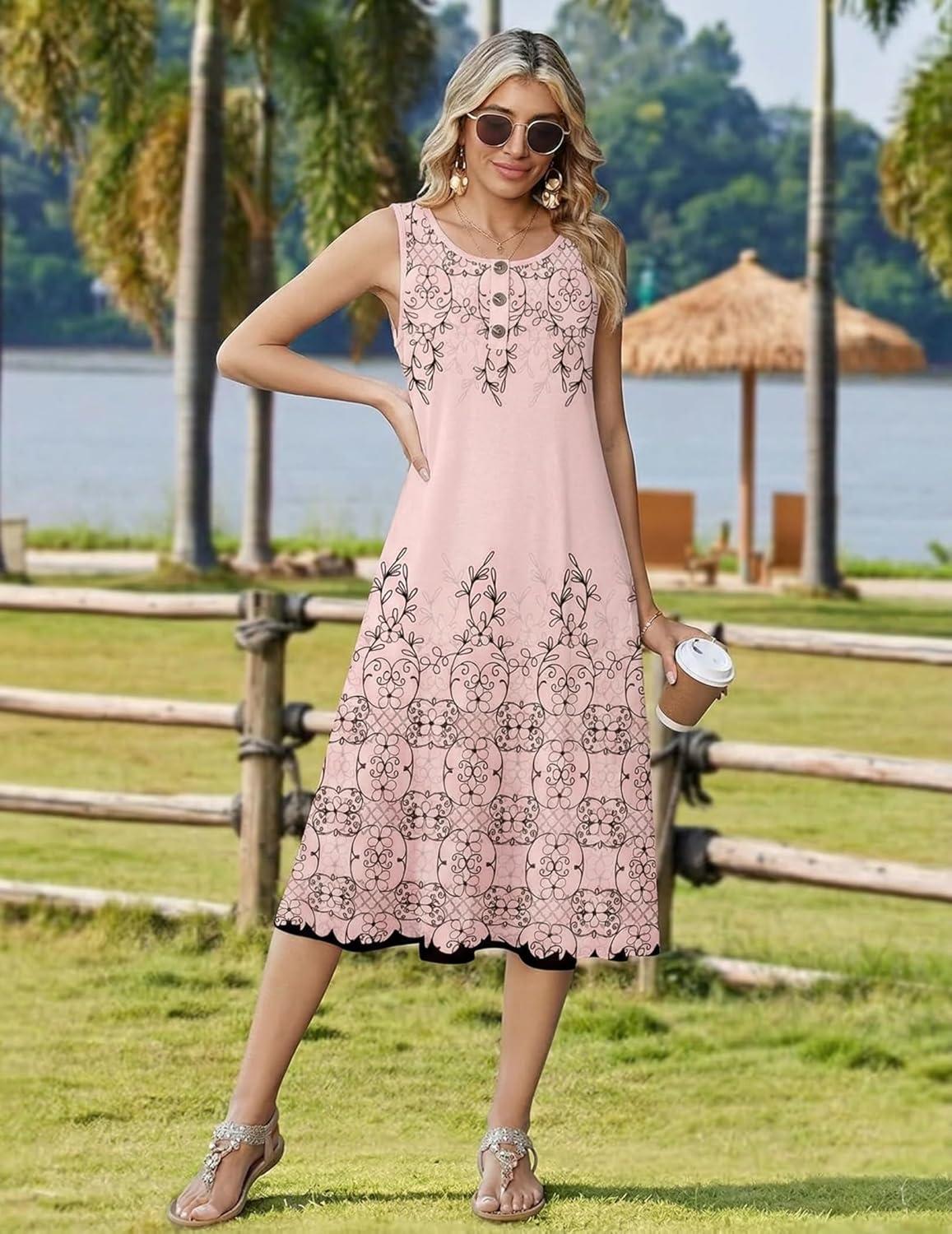 imageZeagoo Women Beach Summer Midi Dress 2026 Sleeveless Casual Beachy Sundress Button Down Loose Tank Dresses with PocketsFloral Pink