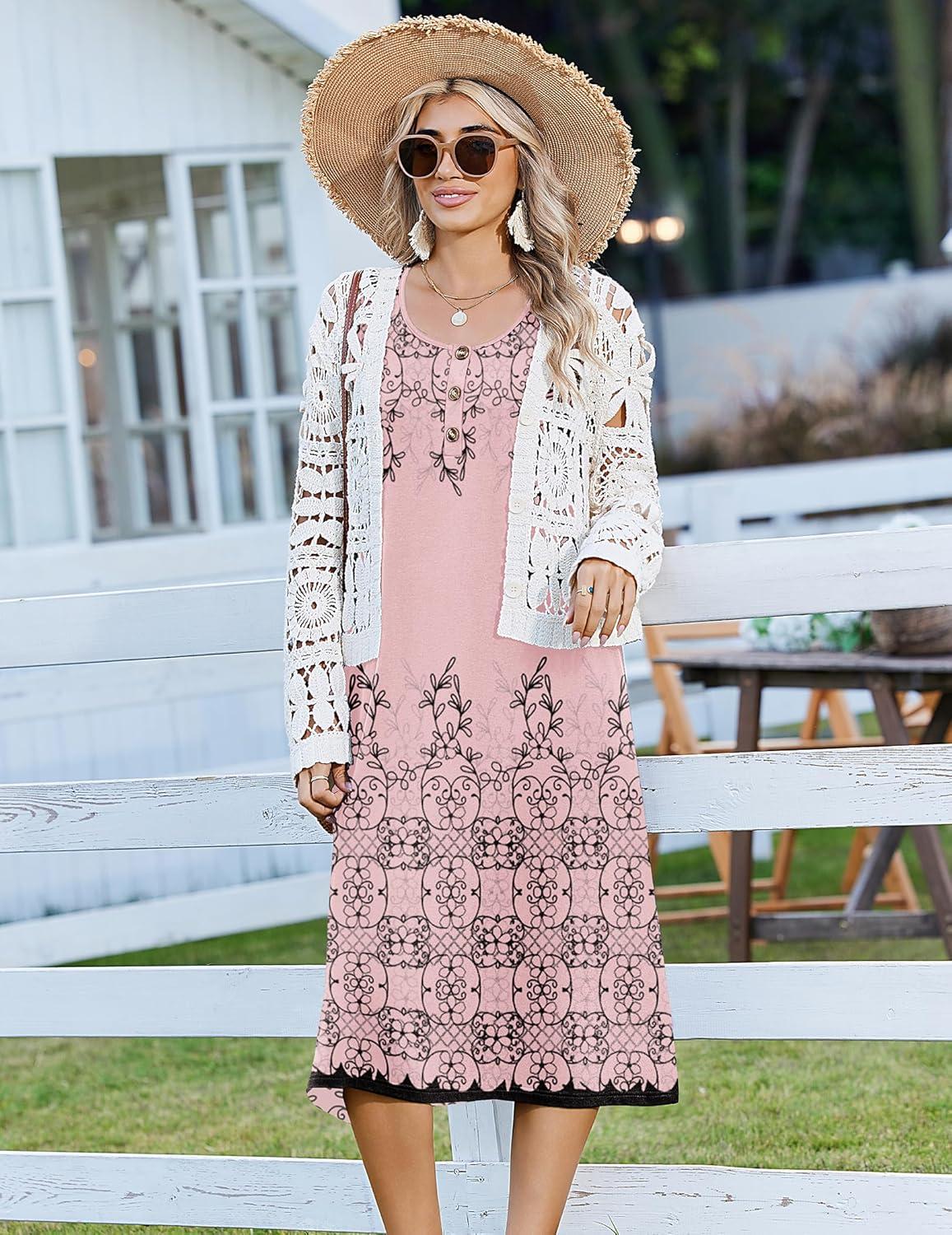 imageZeagoo Women Beach Summer Midi Dress 2026 Sleeveless Casual Beachy Sundress Button Down Loose Tank Dresses with PocketsFloral Pink