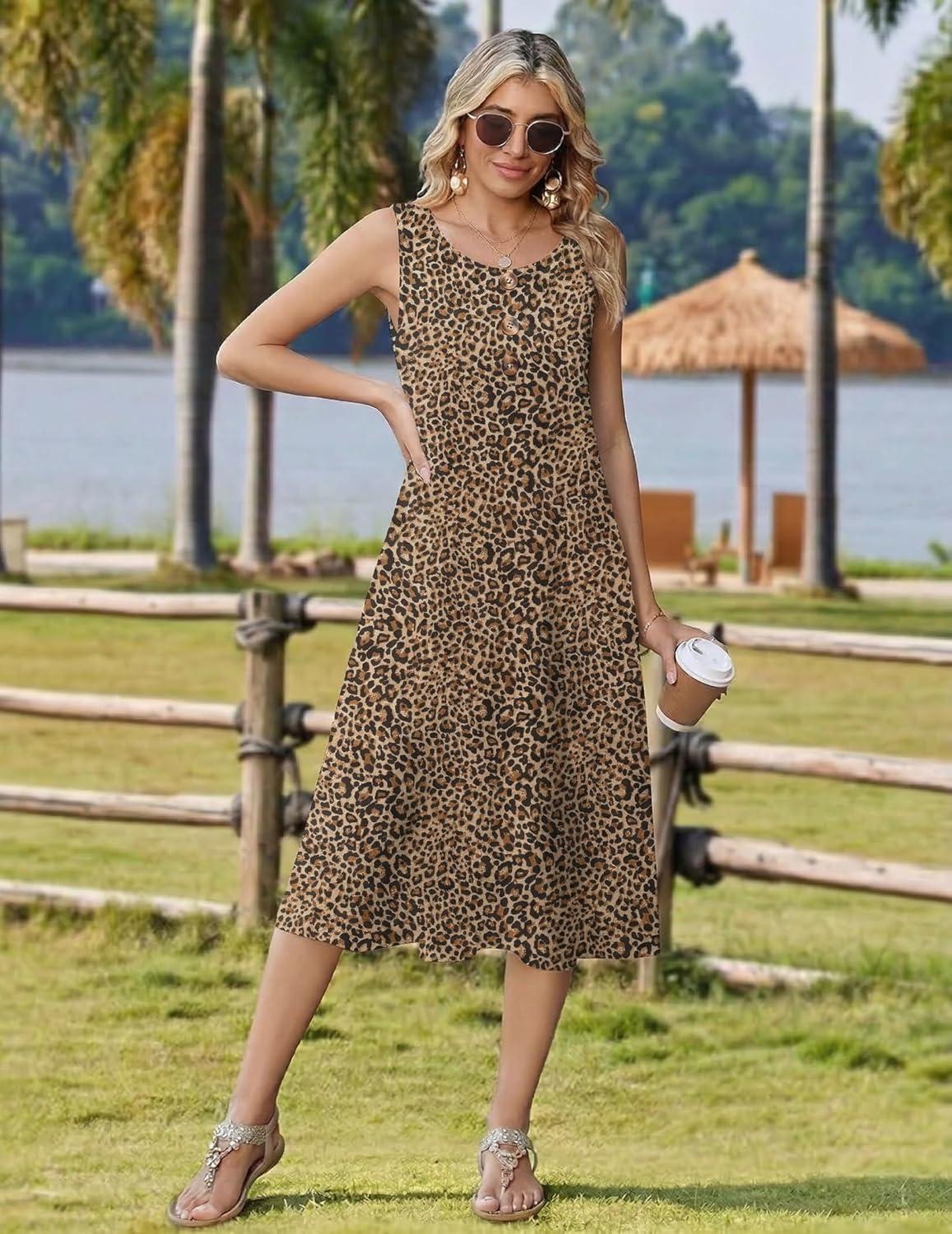 imageZeagoo Women Beach Summer Midi Dress 2026 Sleeveless Casual Beachy Sundress Button Down Loose Tank Dresses with PocketsLeopard Print
