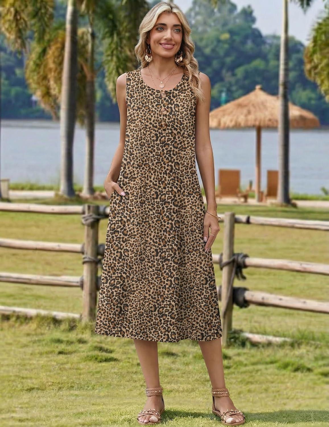 imageZeagoo Women Beach Summer Midi Dress 2026 Sleeveless Casual Beachy Sundress Button Down Loose Tank Dresses with PocketsLeopard Print
