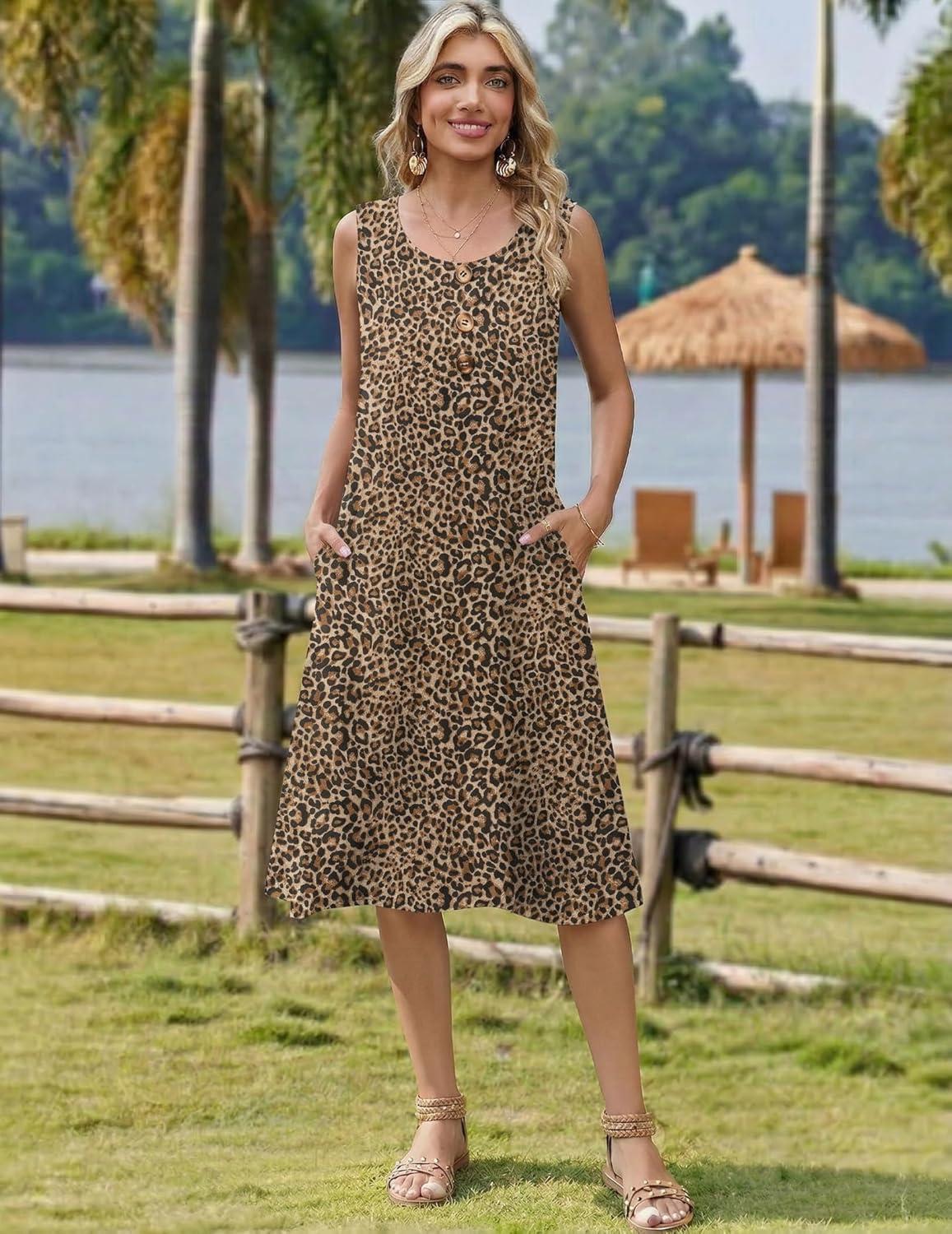 imageZeagoo Women Beach Summer Midi Dress 2026 Sleeveless Casual Beachy Sundress Button Down Loose Tank Dresses with PocketsLeopard Print