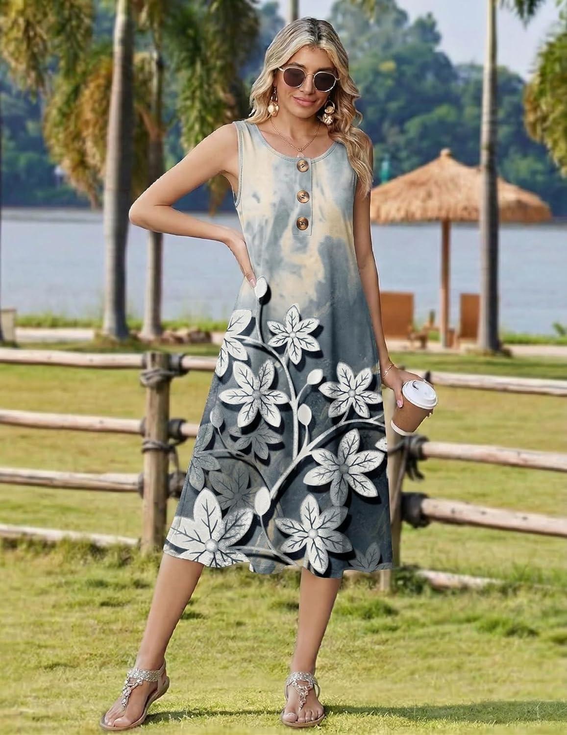 imageZeagoo Women Beach Summer Midi Dress 2026 Sleeveless Casual Beachy Sundress Button Down Loose Tank Dresses with PocketsMarble Flowers