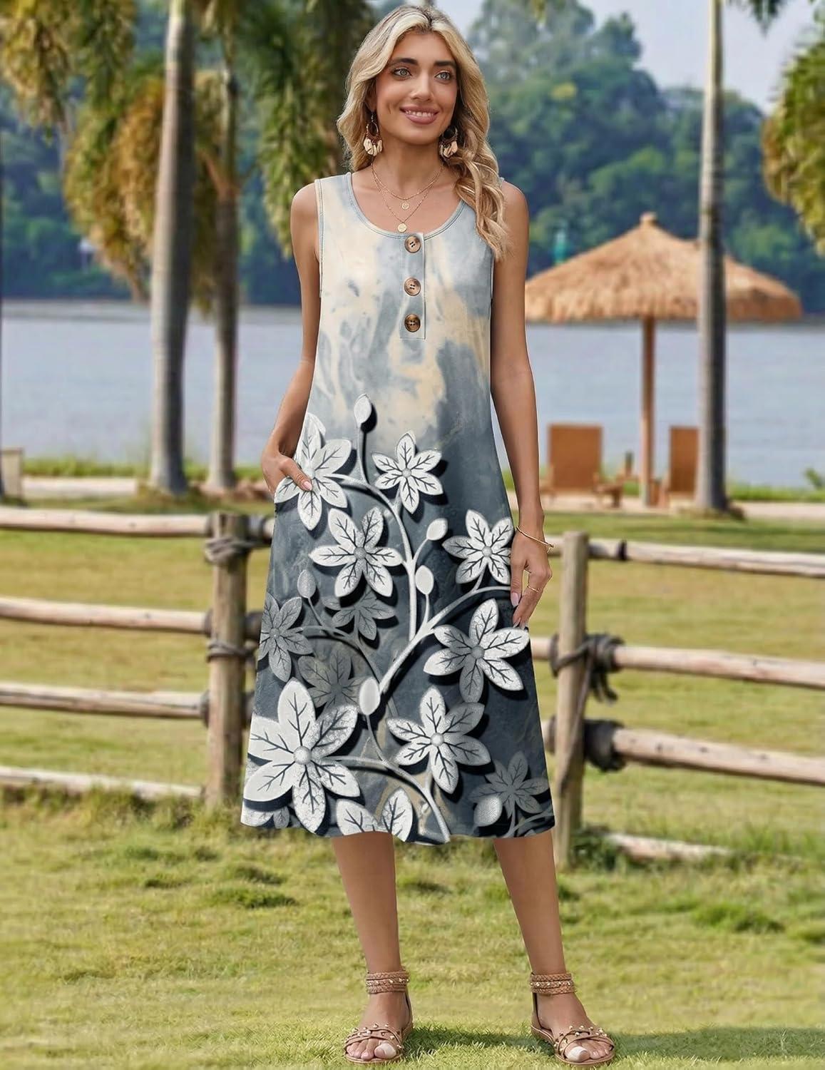 imageZeagoo Women Beach Summer Midi Dress 2026 Sleeveless Casual Beachy Sundress Button Down Loose Tank Dresses with PocketsMarble Flowers