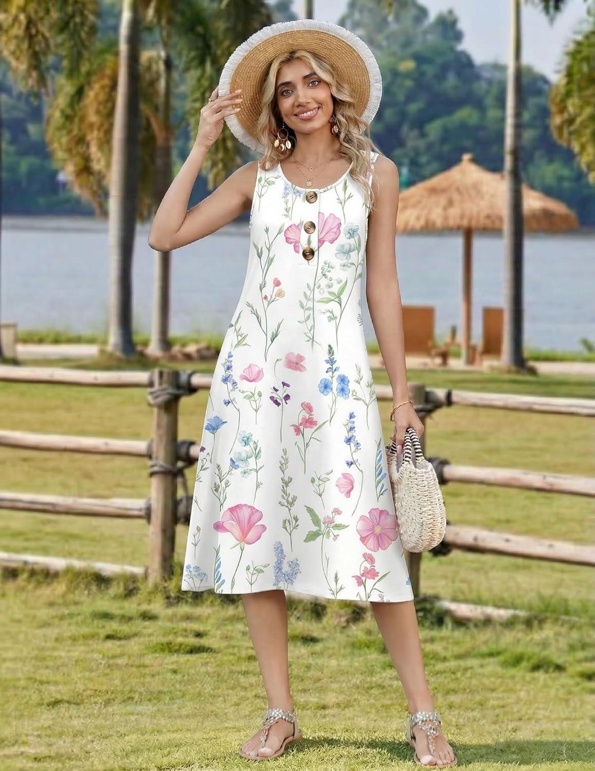 imageZeagoo Women Beach Summer Midi Dress 2026 Sleeveless Casual Beachy Sundress Button Down Loose Tank Dresses with PocketsPink Flowers