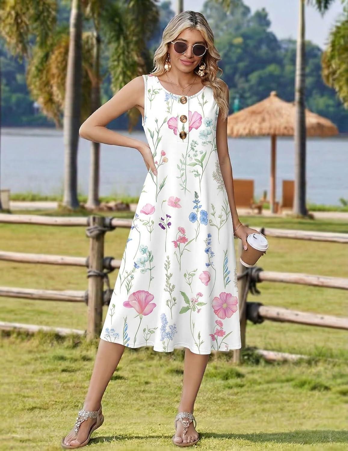 imageZeagoo Women Beach Summer Midi Dress 2026 Sleeveless Casual Beachy Sundress Button Down Loose Tank Dresses with PocketsPink Flowers