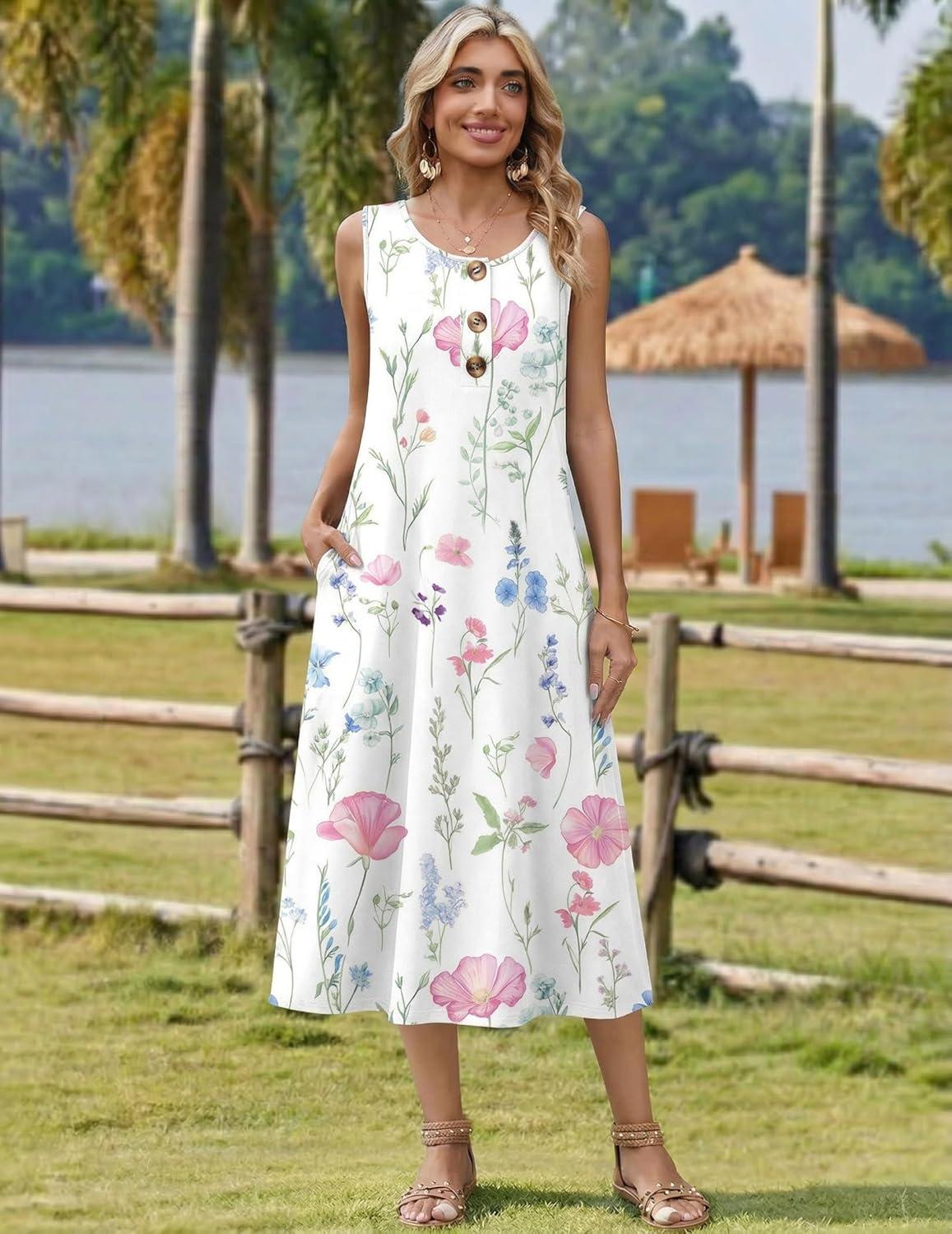 imageZeagoo Women Beach Summer Midi Dress 2026 Sleeveless Casual Beachy Sundress Button Down Loose Tank Dresses with PocketsPink Flowers