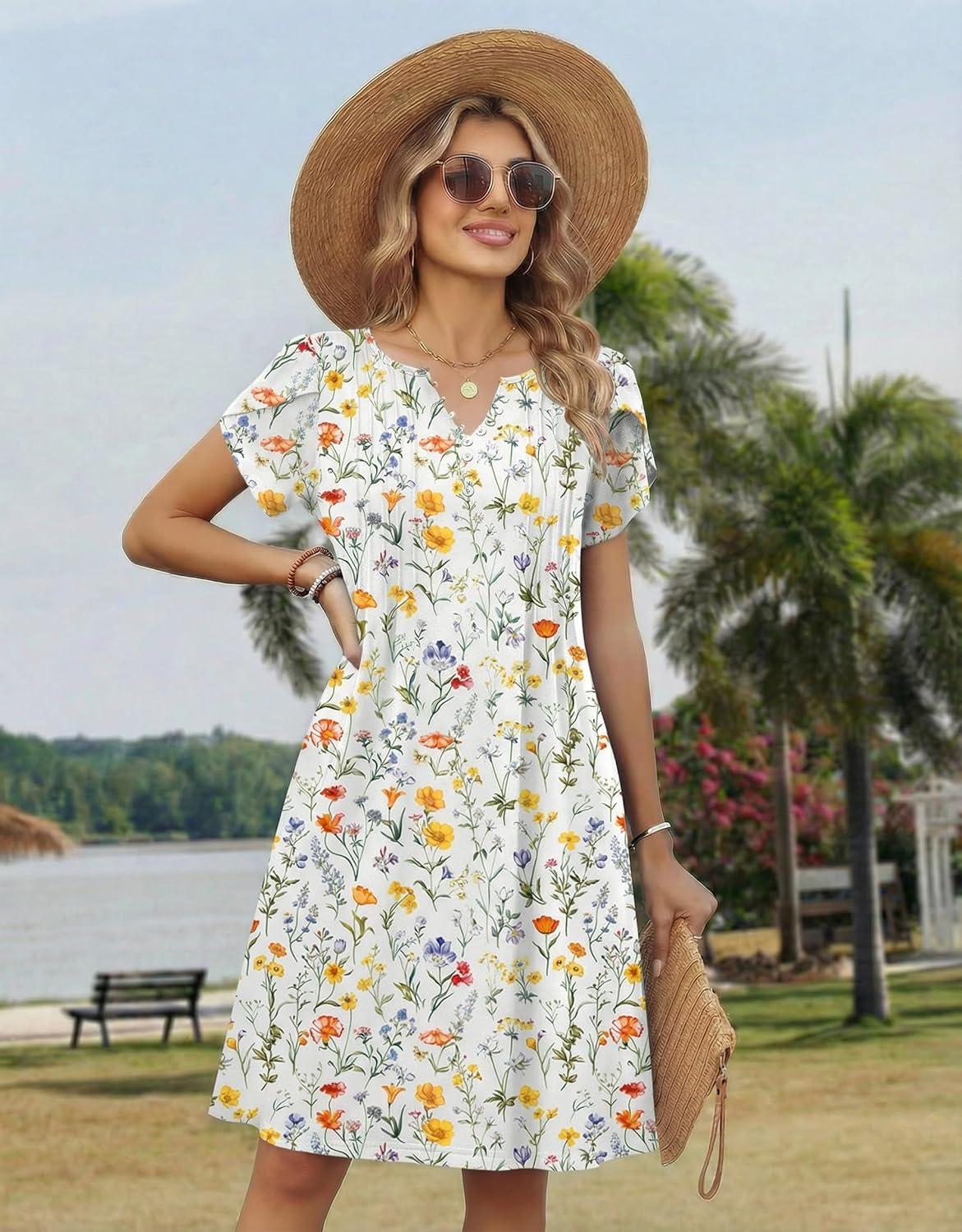 imageZeagoo Womens Casual Dresses with Pockets Summer Floral VNeck ALine Tshirt Dress Short Sleeve Mini Dress Beach SundressA02white Floral