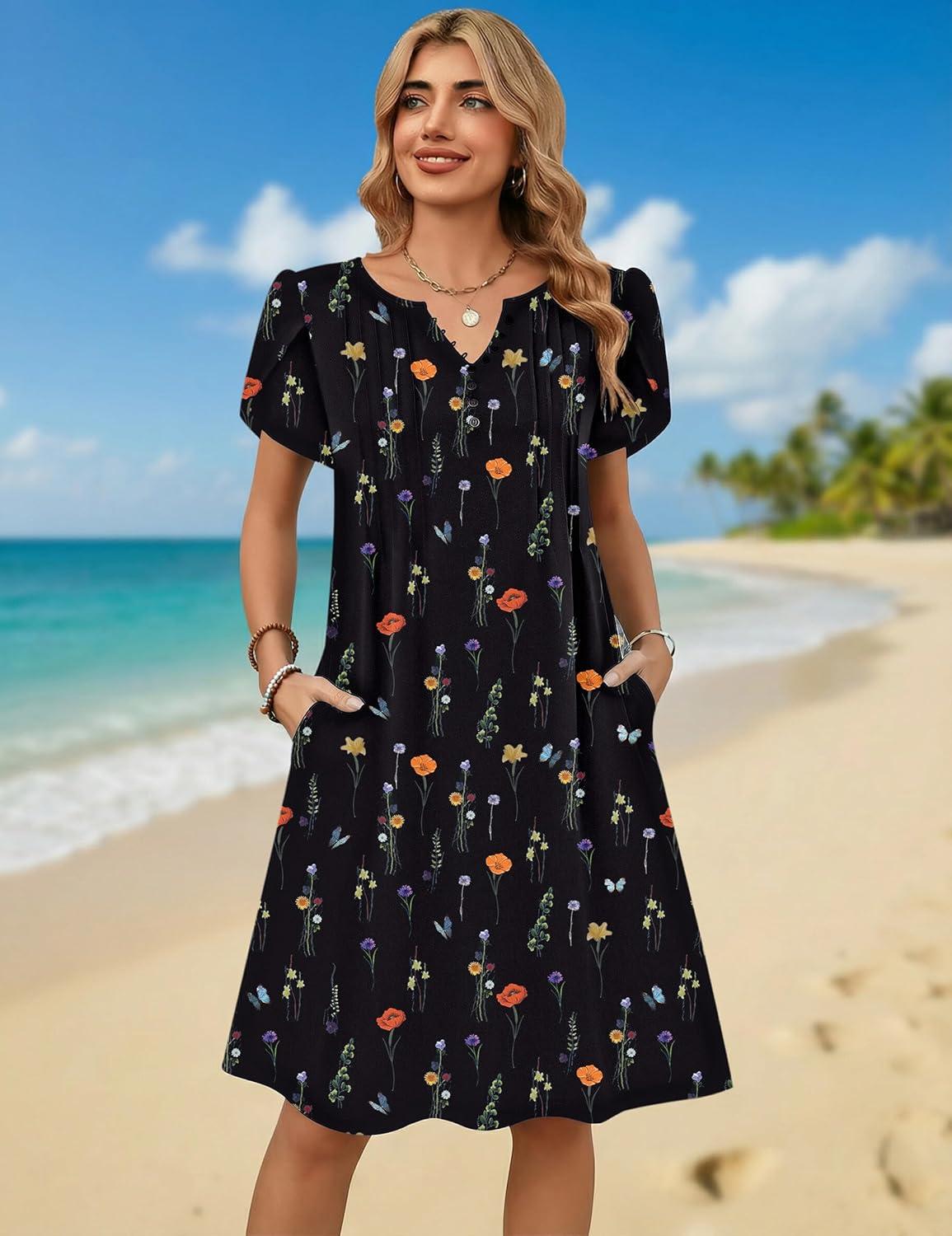 imageZeagoo Womens Casual Dresses with Pockets Summer Floral VNeck ALine Tshirt Dress Short Sleeve Mini Dress Beach SundressBlack Printed
