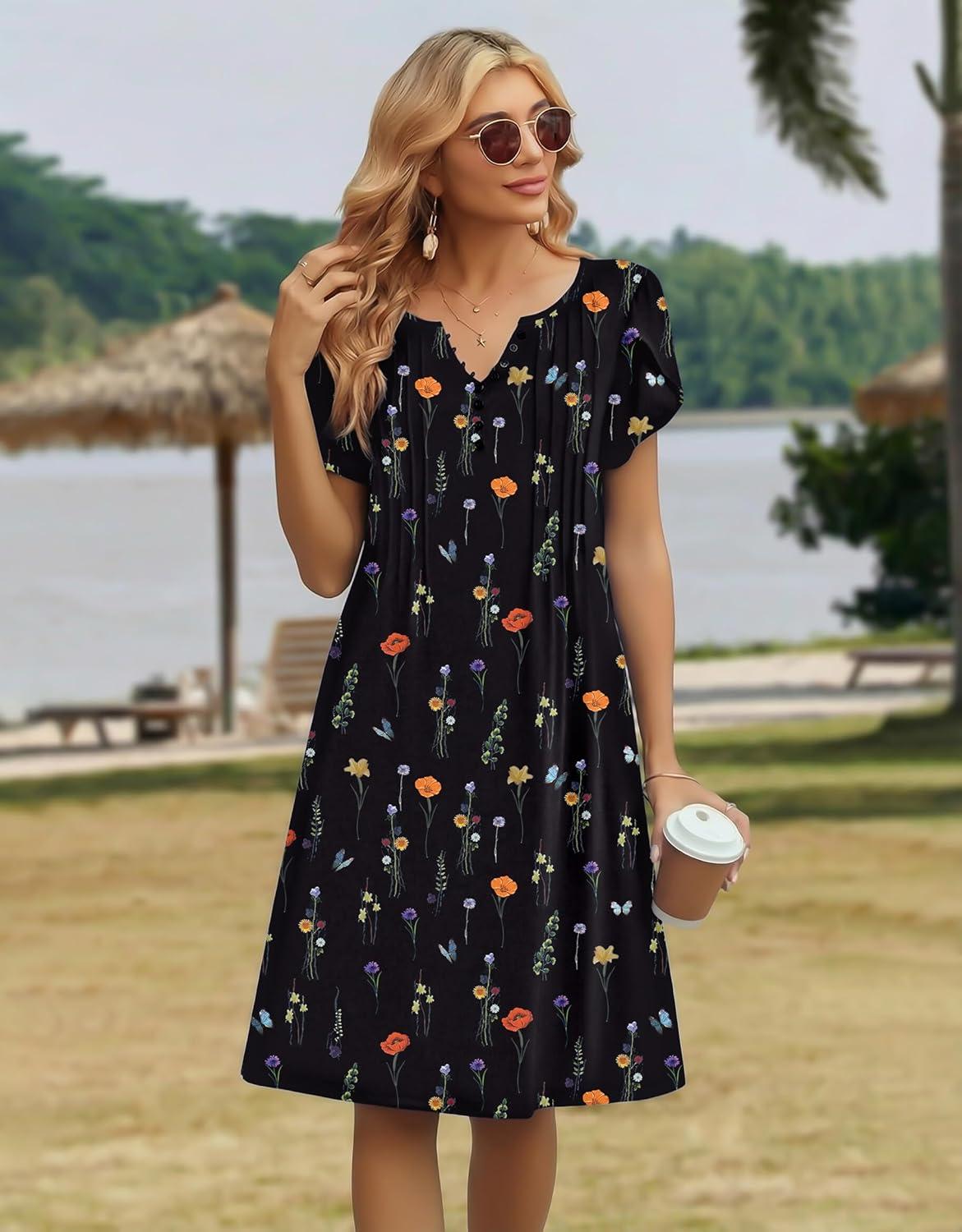imageZeagoo Womens Casual Dresses with Pockets Summer Floral VNeck ALine Tshirt Dress Short Sleeve Mini Dress Beach SundressBlack Printed