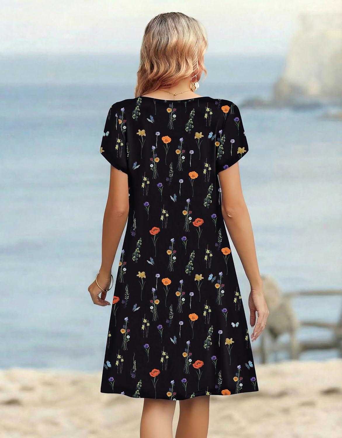 imageZeagoo Womens Casual Dresses with Pockets Summer Floral VNeck ALine Tshirt Dress Short Sleeve Mini Dress Beach SundressBlack Printed