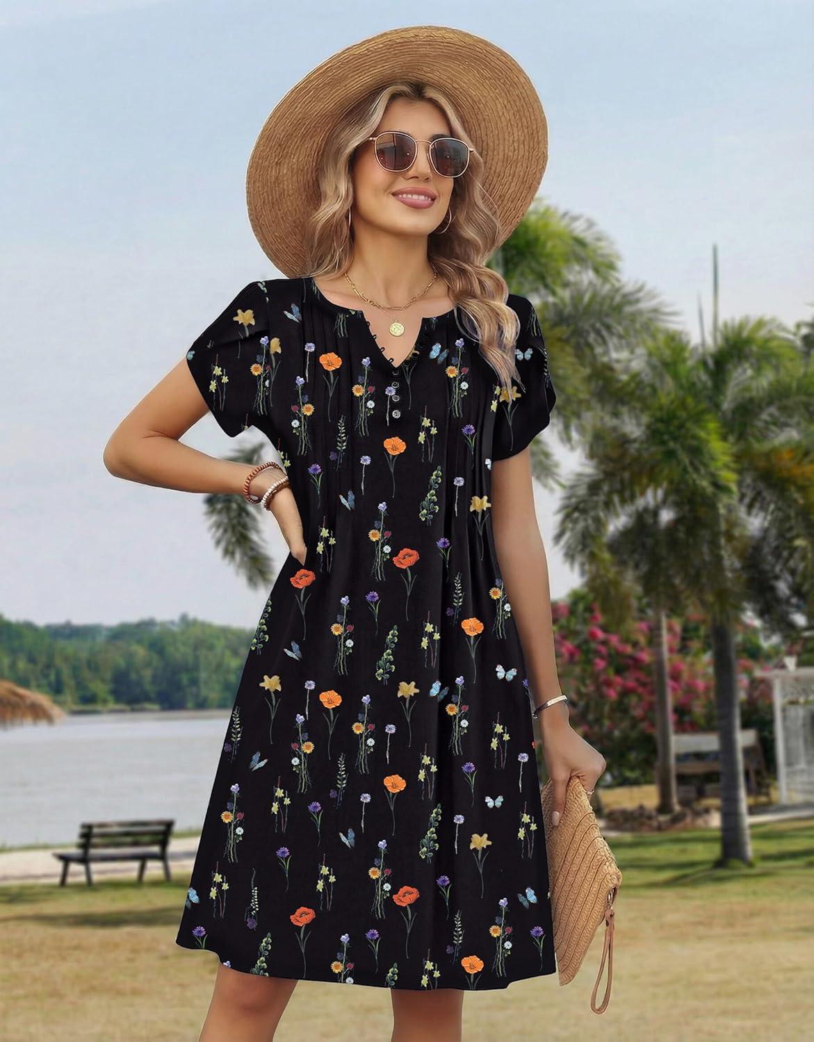 imageZeagoo Womens Casual Dresses with Pockets Summer Floral VNeck ALine Tshirt Dress Short Sleeve Mini Dress Beach SundressBlack Printed