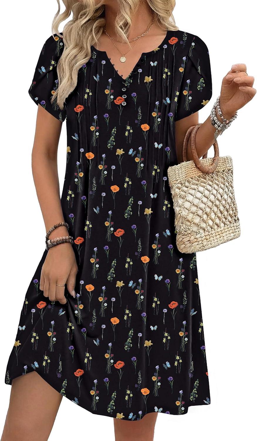 imageZeagoo Womens Casual Dresses with Pockets Summer Floral VNeck ALine Tshirt Dress Short Sleeve Mini Dress Beach SundressBlack Printed