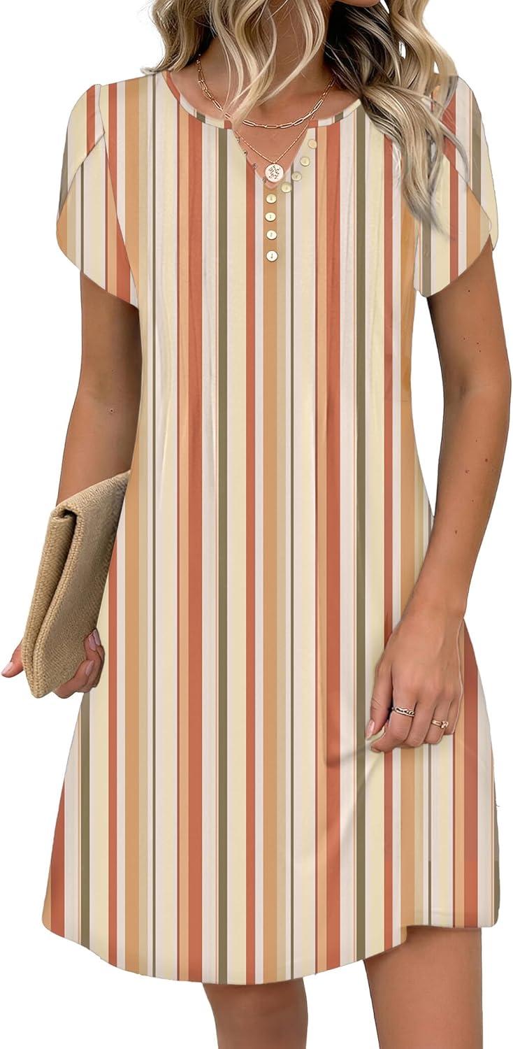 imageZeagoo Womens Casual Dresses with Pockets Summer Floral VNeck ALine Tshirt Dress Short Sleeve Mini Dress Beach SundressKhaki Stripe