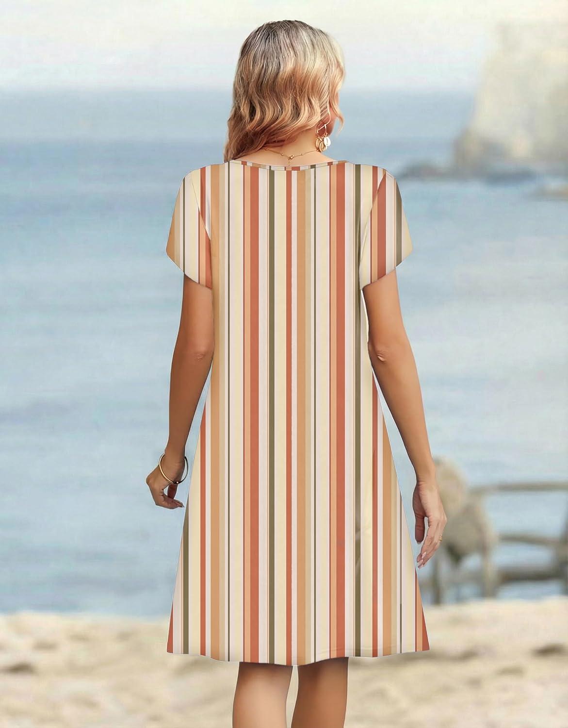 imageZeagoo Womens Casual Dresses with Pockets Summer Floral VNeck ALine Tshirt Dress Short Sleeve Mini Dress Beach SundressKhaki Stripe