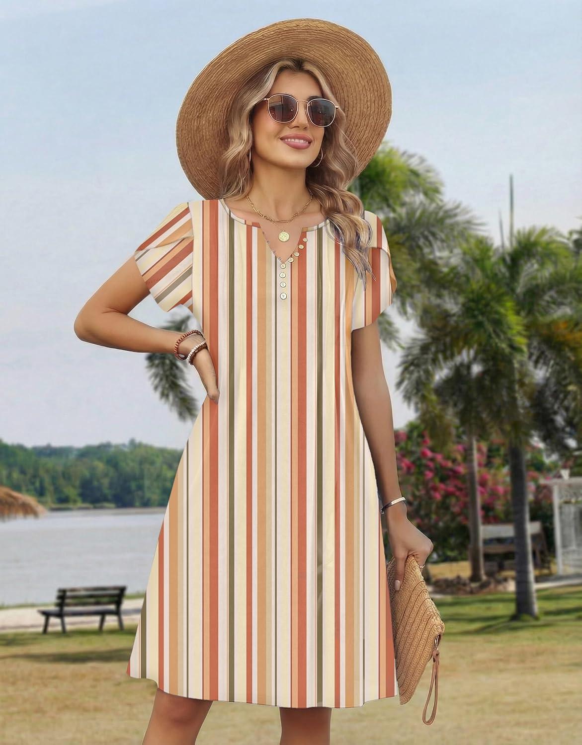 imageZeagoo Womens Casual Dresses with Pockets Summer Floral VNeck ALine Tshirt Dress Short Sleeve Mini Dress Beach SundressKhaki Stripe