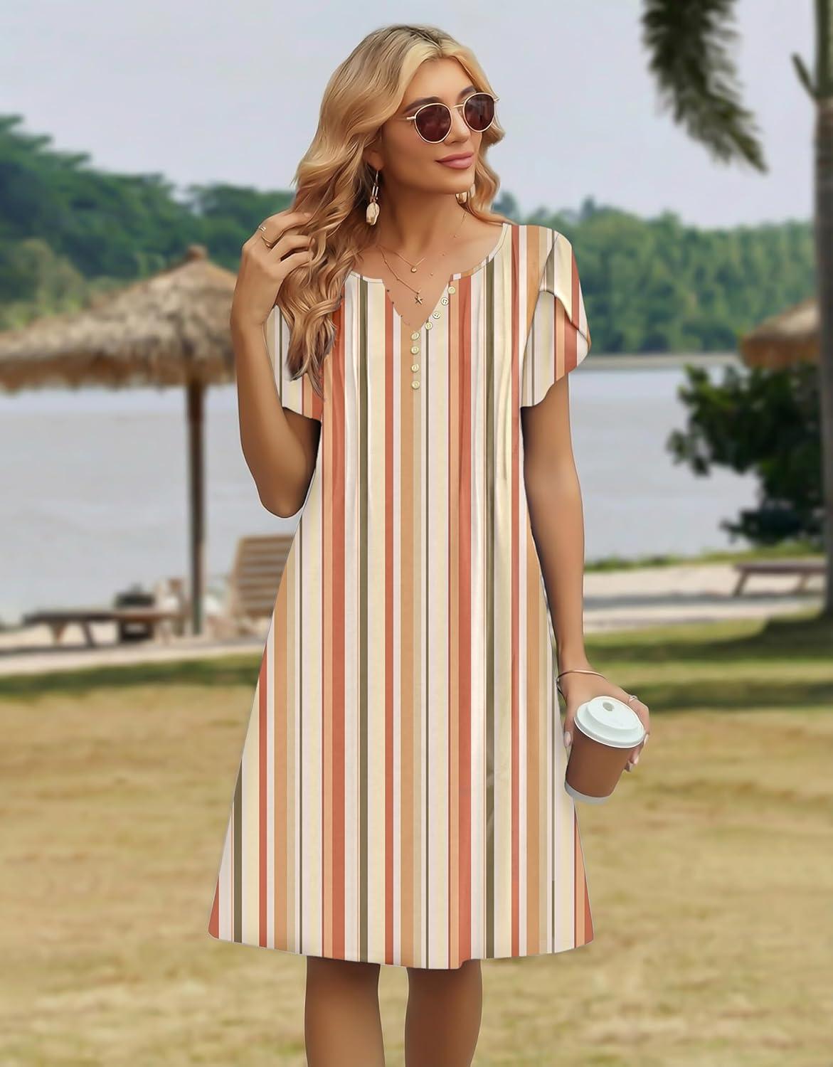 imageZeagoo Womens Casual Dresses with Pockets Summer Floral VNeck ALine Tshirt Dress Short Sleeve Mini Dress Beach SundressKhaki Stripe