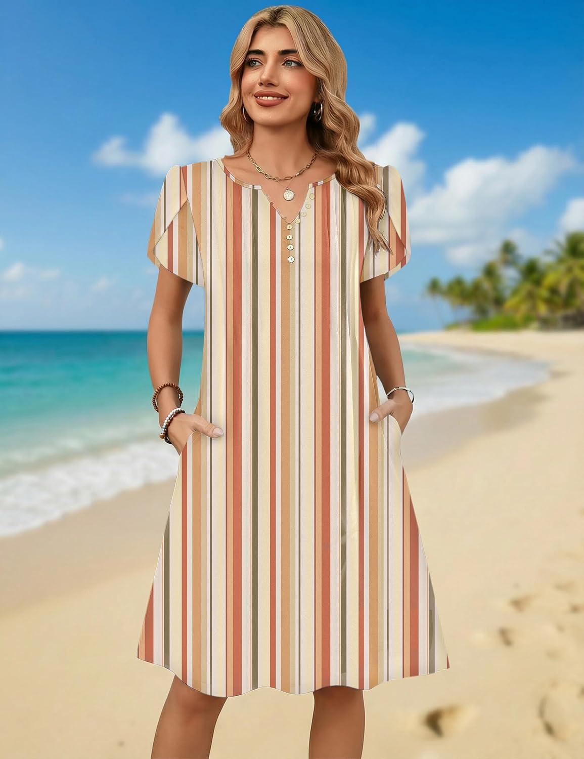 imageZeagoo Womens Casual Dresses with Pockets Summer Floral VNeck ALine Tshirt Dress Short Sleeve Mini Dress Beach SundressKhaki Stripe