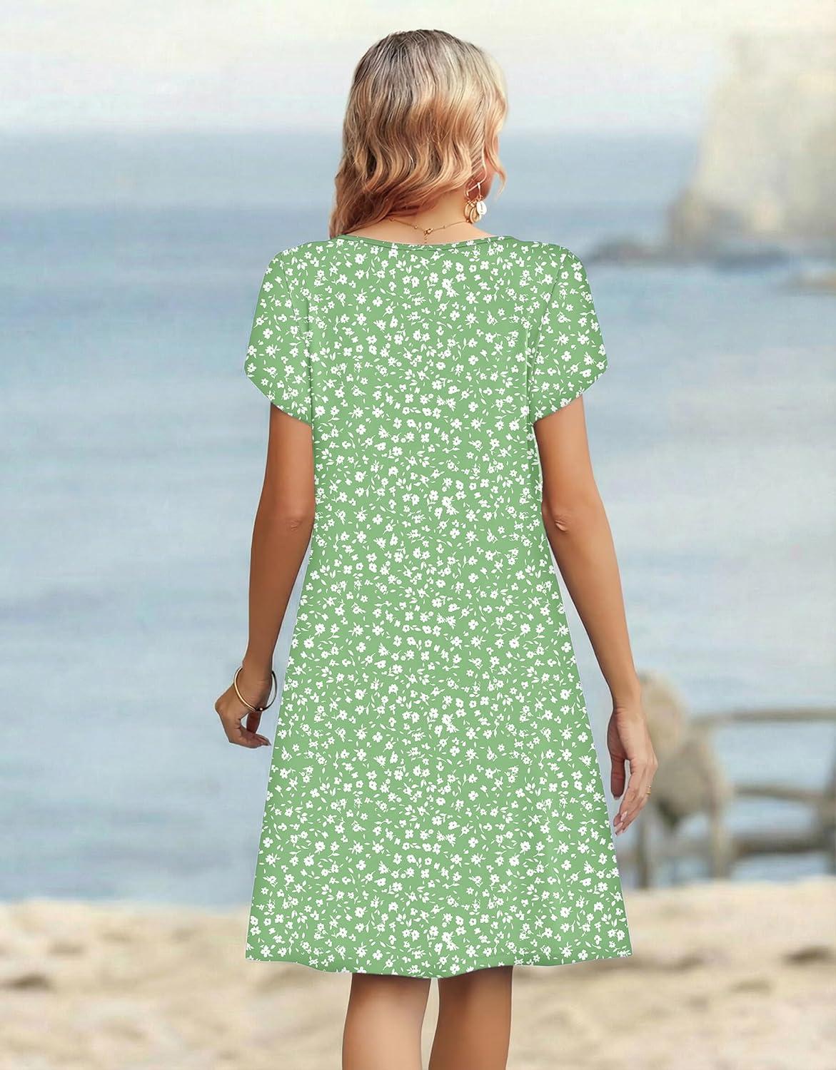 imageZeagoo Womens Casual Dresses with Pockets Summer Floral VNeck ALine Tshirt Dress Short Sleeve Mini Dress Beach SundressLight Green