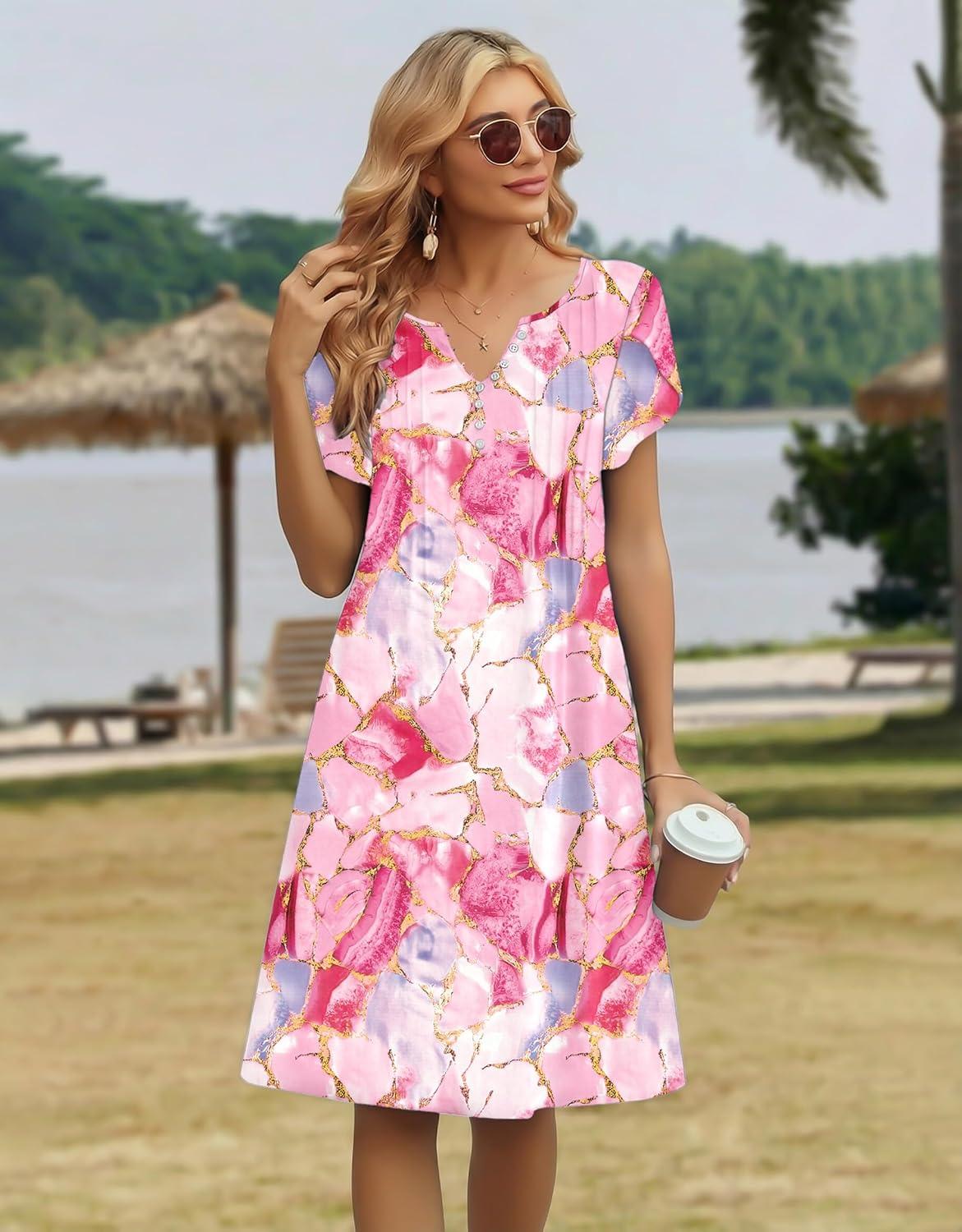 imageZeagoo Womens Casual Dresses with Pockets Summer Floral VNeck ALine Tshirt Dress Short Sleeve Mini Dress Beach SundressPink Marble Printed