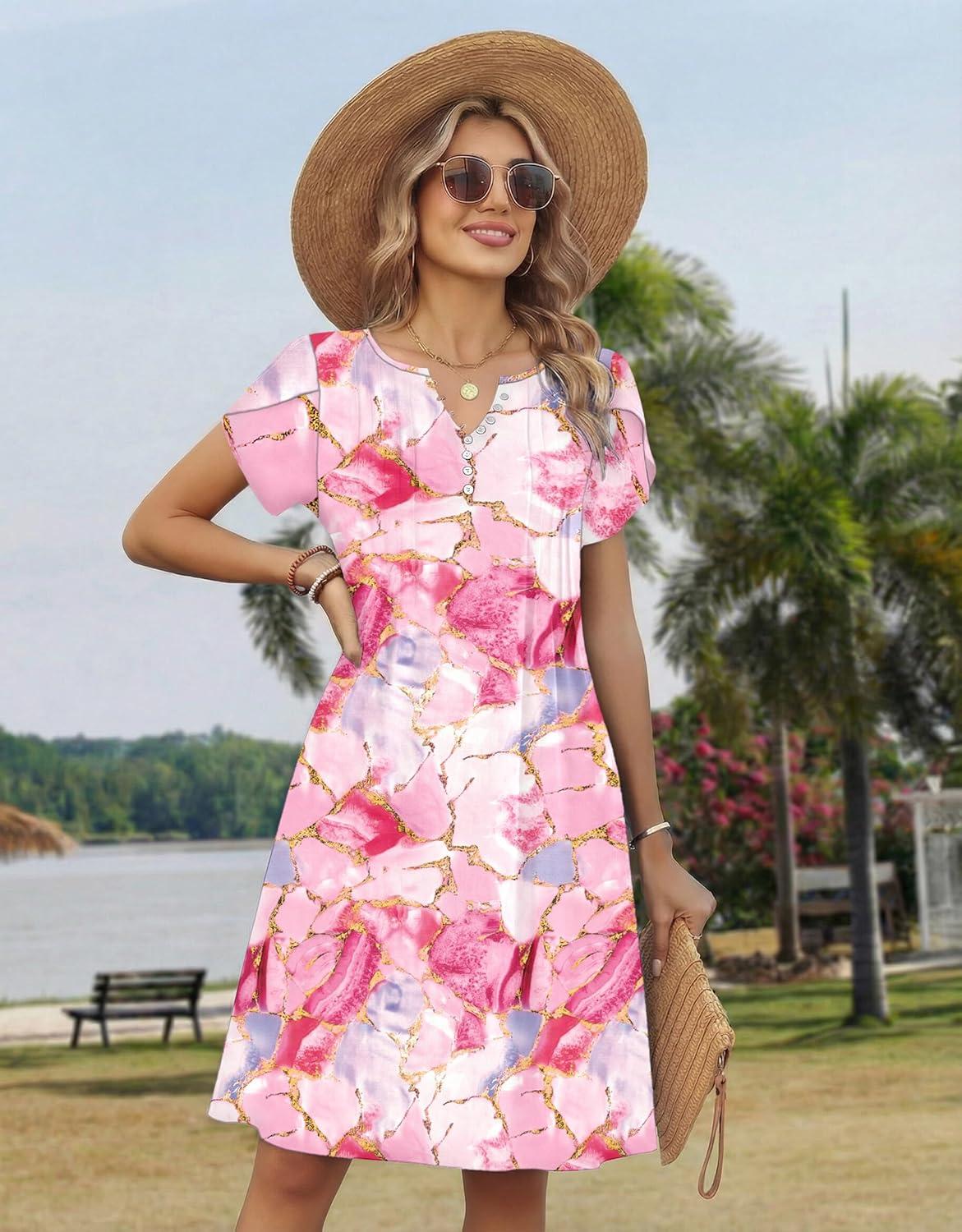 imageZeagoo Womens Casual Dresses with Pockets Summer Floral VNeck ALine Tshirt Dress Short Sleeve Mini Dress Beach SundressPink Marble Printed