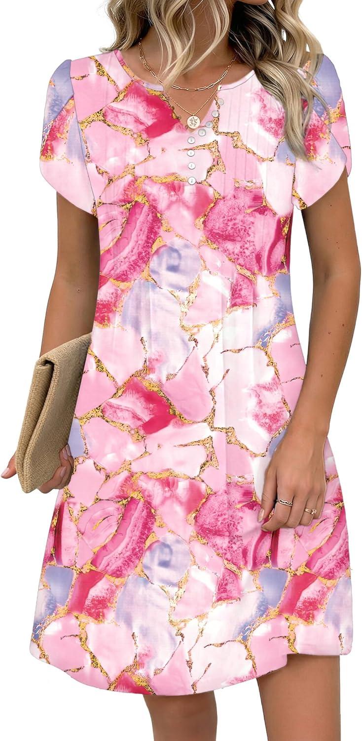 imageZeagoo Womens Casual Dresses with Pockets Summer Floral VNeck ALine Tshirt Dress Short Sleeve Mini Dress Beach SundressPink Marble Printed