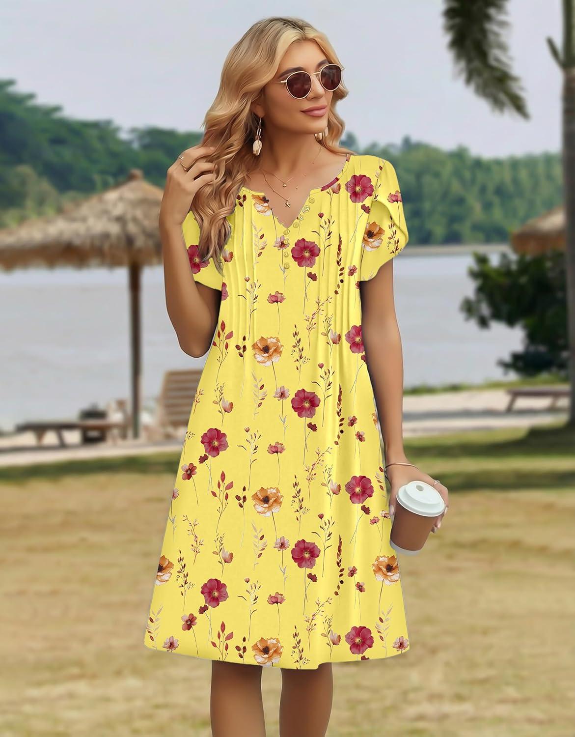 imageZeagoo Womens Casual Dresses with Pockets Summer Floral VNeck ALine Tshirt Dress Short Sleeve Mini Dress Beach SundressYellow Floral