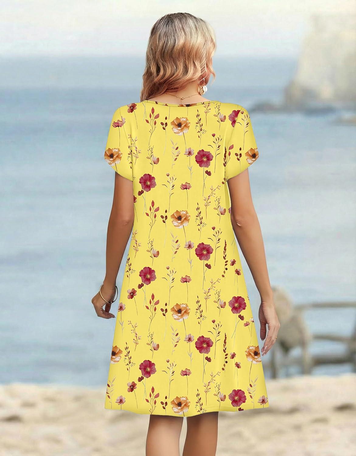 imageZeagoo Womens Casual Dresses with Pockets Summer Floral VNeck ALine Tshirt Dress Short Sleeve Mini Dress Beach SundressYellow Floral