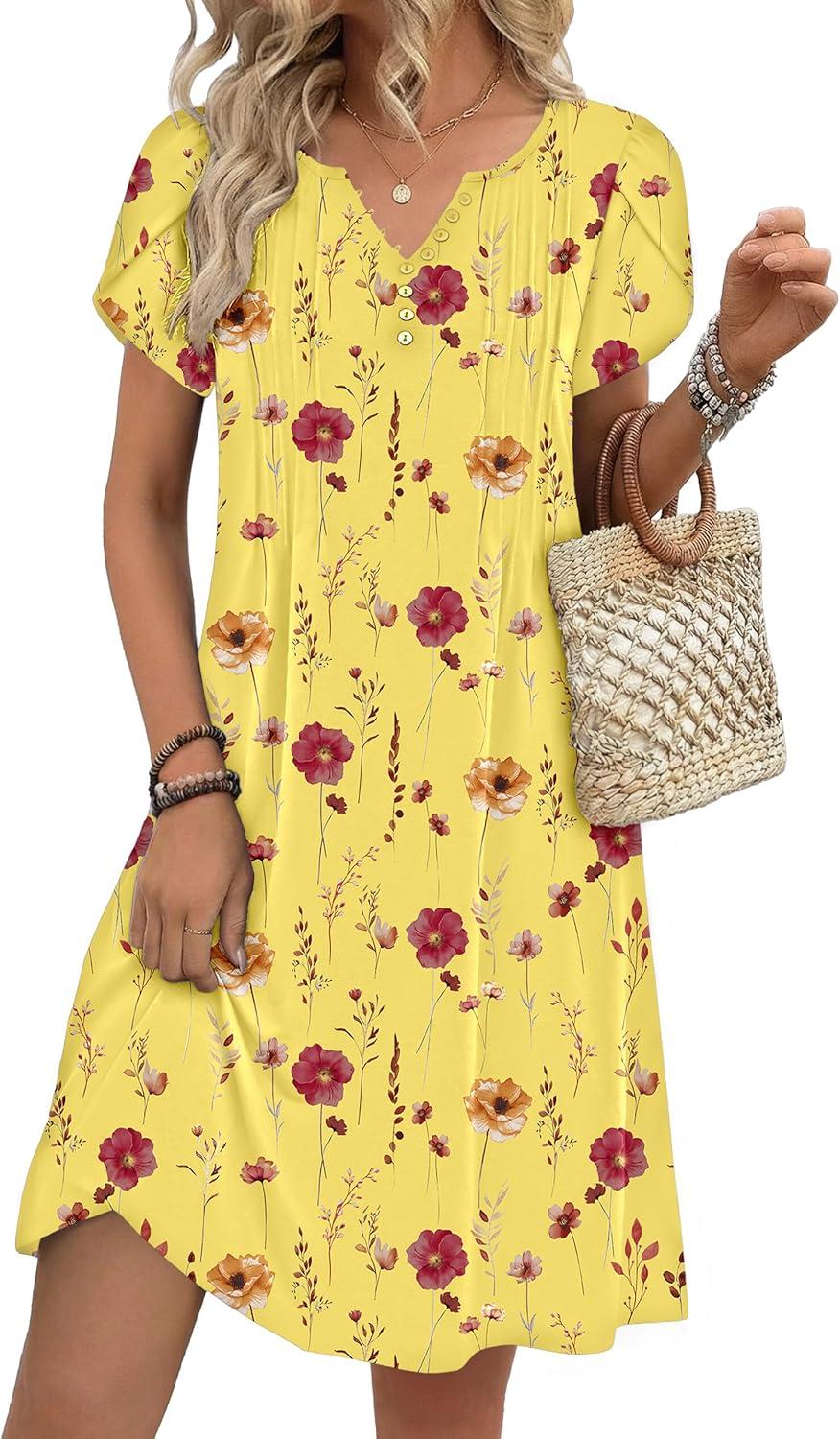 imageZeagoo Womens Casual Dresses with Pockets Summer Floral VNeck ALine Tshirt Dress Short Sleeve Mini Dress Beach SundressYellow Floral