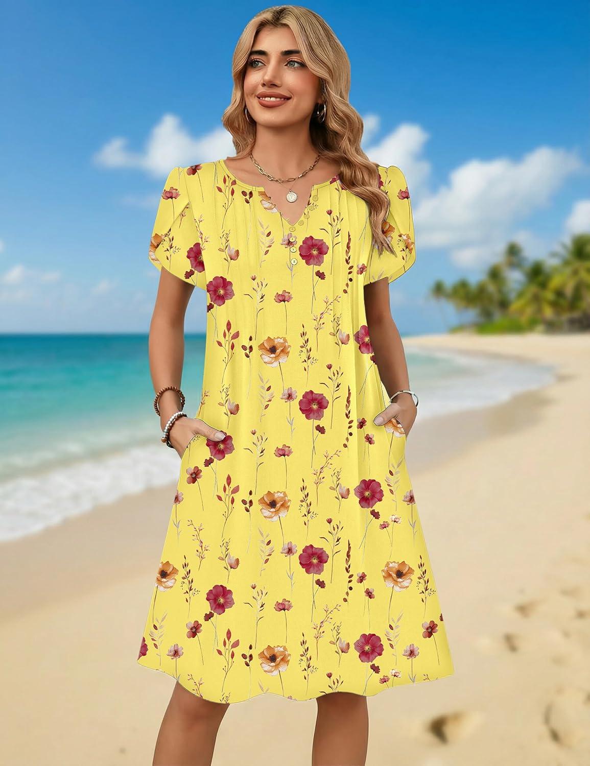 imageZeagoo Womens Casual Dresses with Pockets Summer Floral VNeck ALine Tshirt Dress Short Sleeve Mini Dress Beach SundressYellow Floral