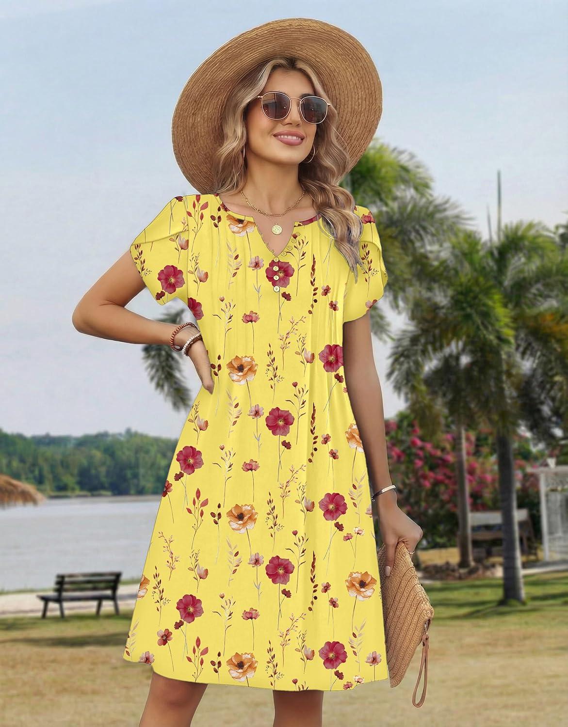 imageZeagoo Womens Casual Dresses with Pockets Summer Floral VNeck ALine Tshirt Dress Short Sleeve Mini Dress Beach SundressYellow Floral