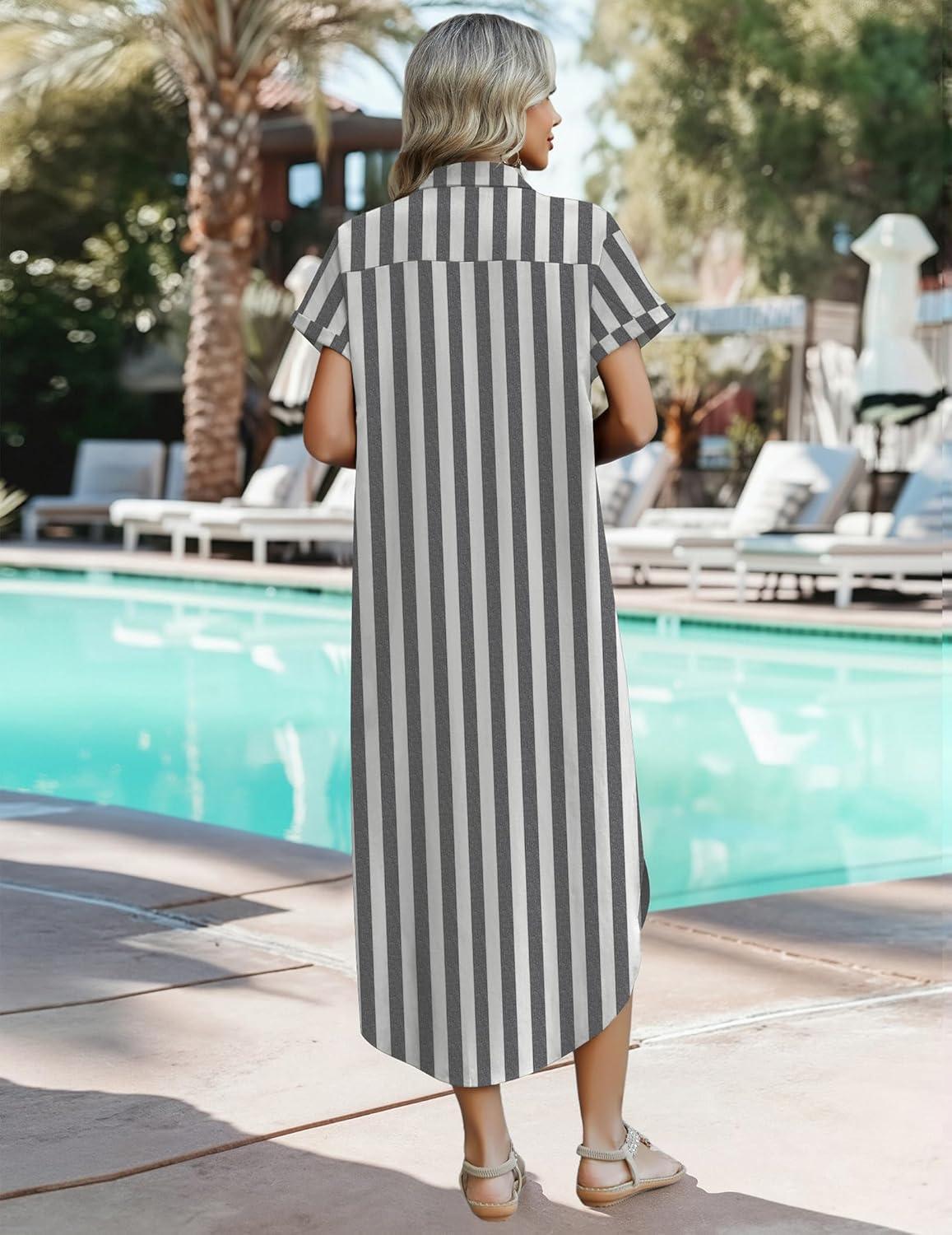 imageZeagoo Womens Dresses Casual Summer Short Sleeve Button Down Long Shirt Dresses Swimsuit Beach Cover Ups with PocketsBlack Wide Stripes