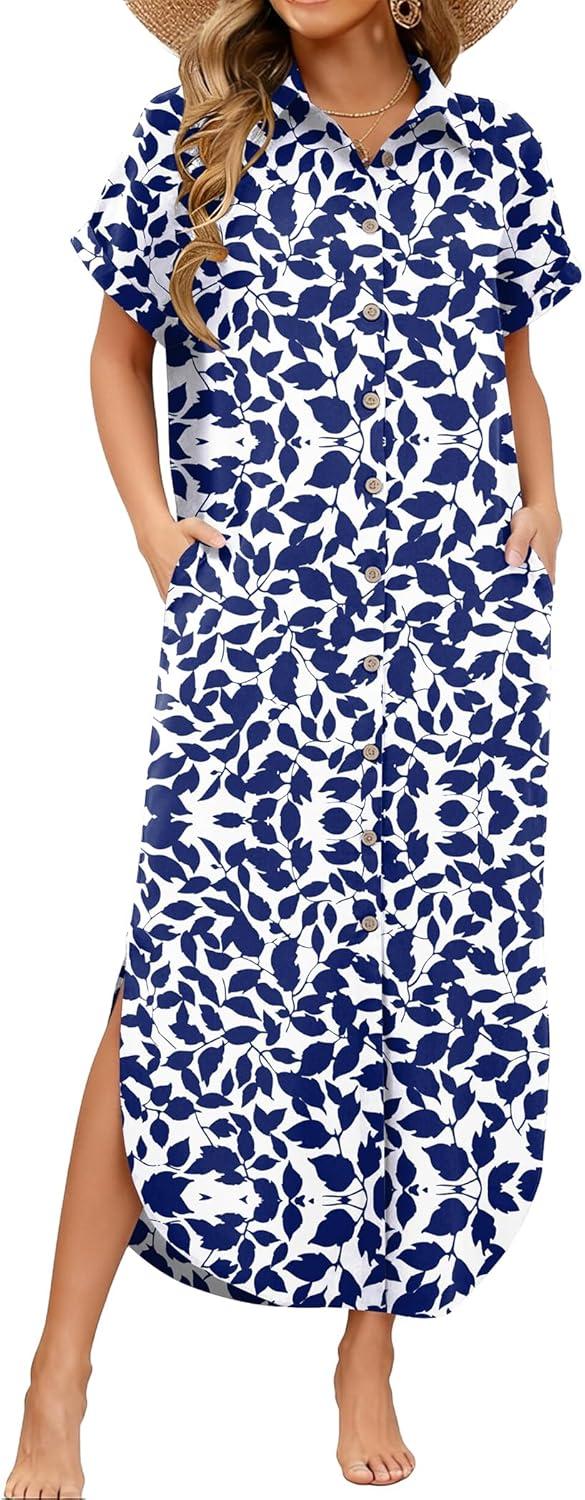 imageZeagoo Womens Dresses Casual Summer Short Sleeve Button Down Long Shirt Dresses Swimsuit Beach Cover Ups with PocketsBlue Floral